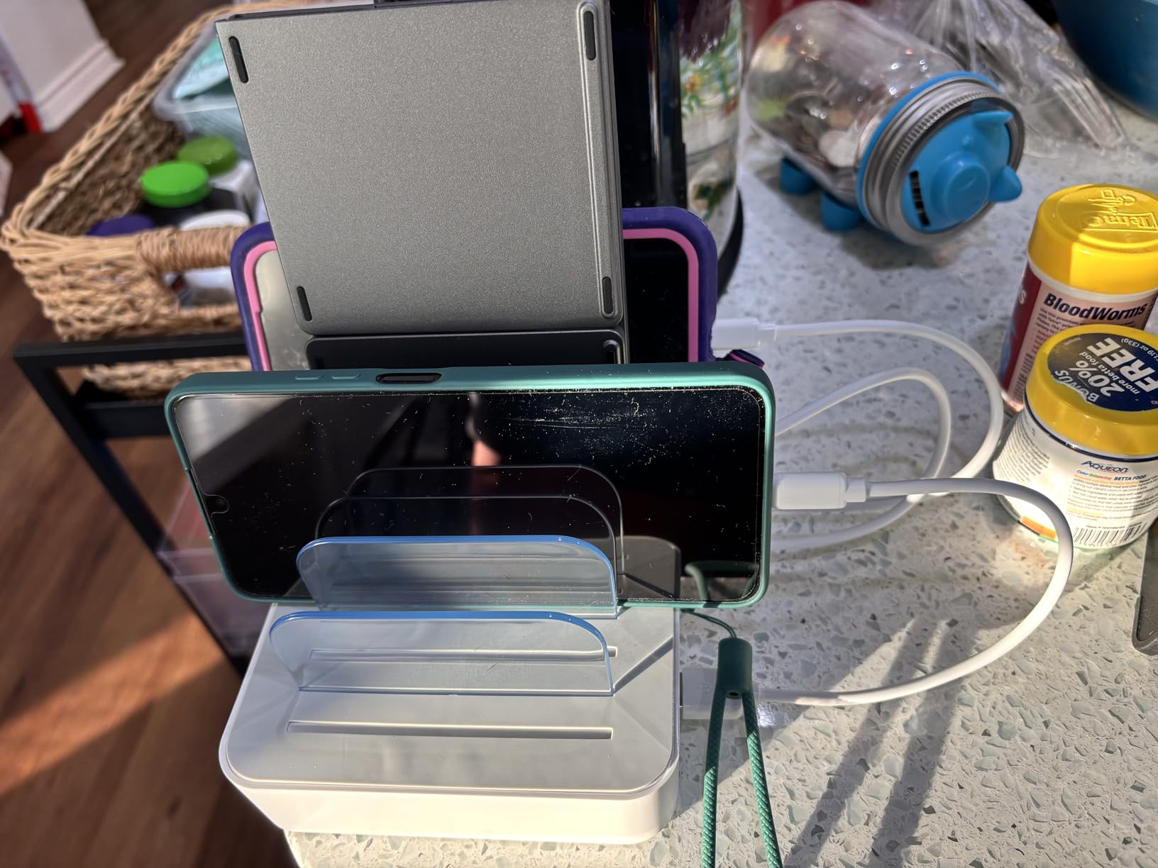 MSTJRY Charging Station for Multiple Devices : 5 Port Multi USB-A Charger Stations Multi-Device Organizer Charging Dock Designed for iPhone iPad Cell Phone Tablets (7 Short Cables Included) customer photo 2