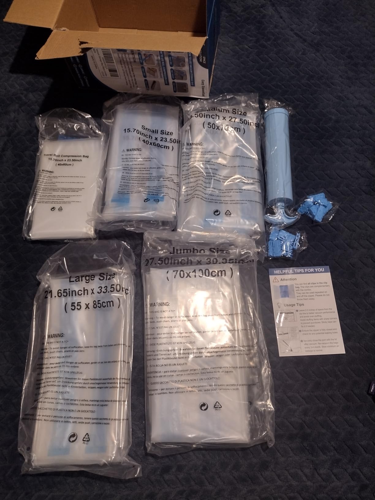 20 Pack Vacuum Storage Bags, Space Saver Bags (4 Jumbo/4 Large/4 Medium/4 Small/4 Roll) Compression for Comforters and Blankets, Sealer Clothes Storage, Hand Pump Included Customer Review 20 Pack Vacuum Storage Bags, Space Saver Bags (4 Jumbo/4 Large/4 Medium/4 Small/4 Roll) Compression for Comforters and Blankets, Sealer Clothes Storage, Hand Pump Included - Customer Photo 1