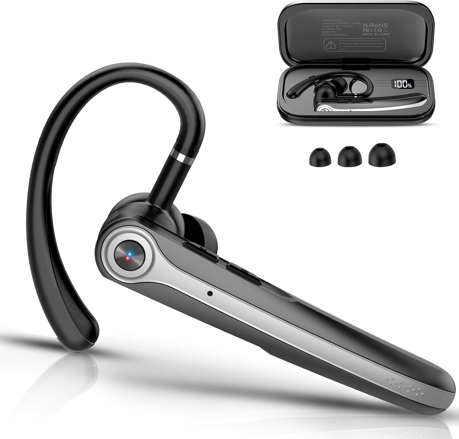 Bluetooth Headset, Wireless Bluetooth Earpiece with ENC Noise Canceling Mic, 120Hrs Talk Single-Ear Headphones, LED Display, IPX7 Waterproof Hand-Free Earphone for Business/Trucker/Driver, Black - Customer Photo 1