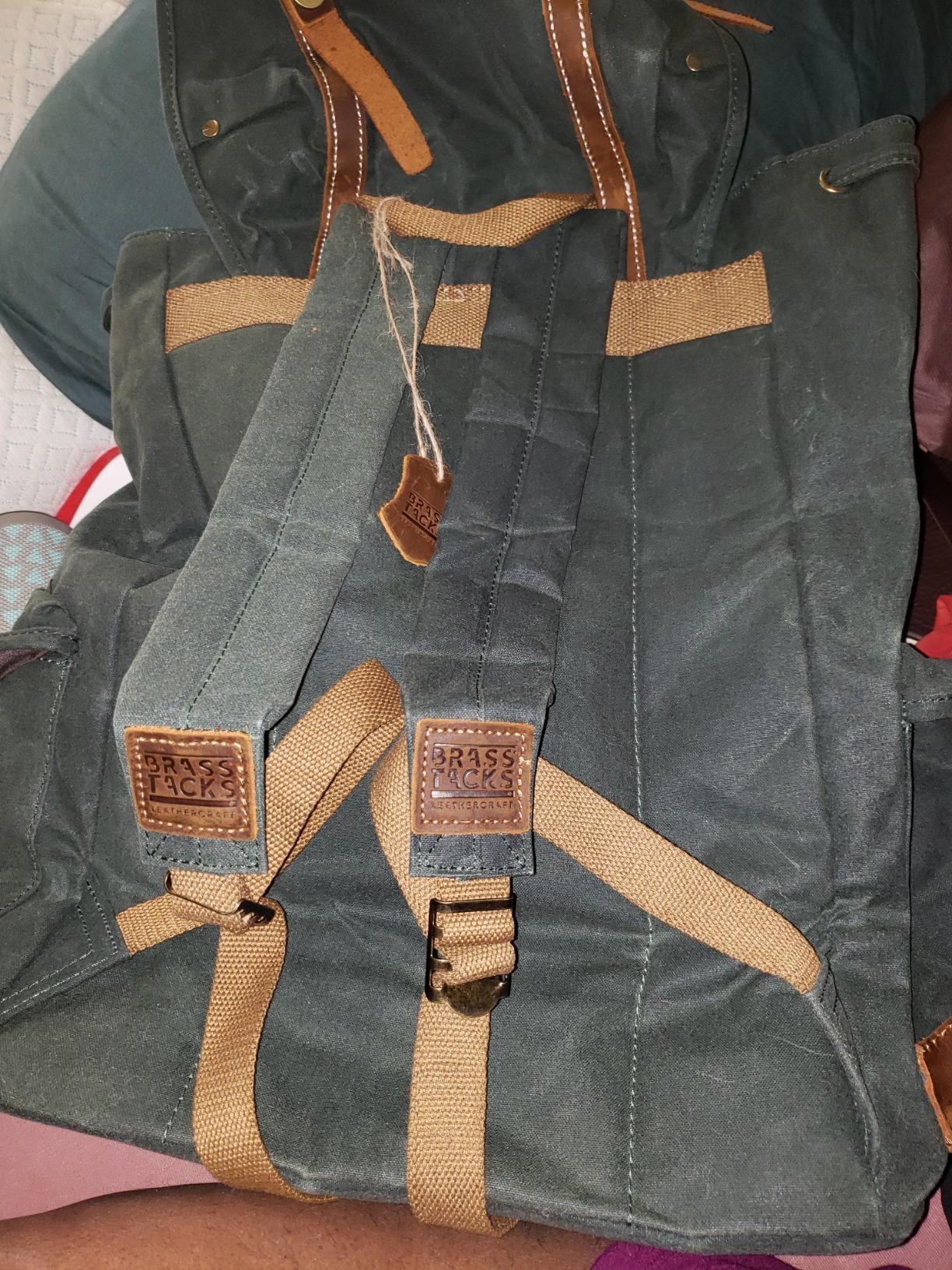 BRASS TACKS Leathercraft Heavy Duty Waxed Canvas Vintage Backpack for Men Women Trim Casual 15.6