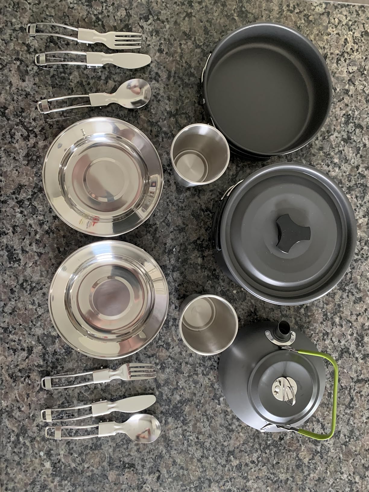 Odoland 15pcs Camping Cookware Mess Kit, Non-Stick Lightweight Pot Pan Kettle Set with Stainless Steel Cups Plates Forks Knives Spoons for Camping, Backpacking, Outdoor Cooking and Picnic - Customer Photo 2