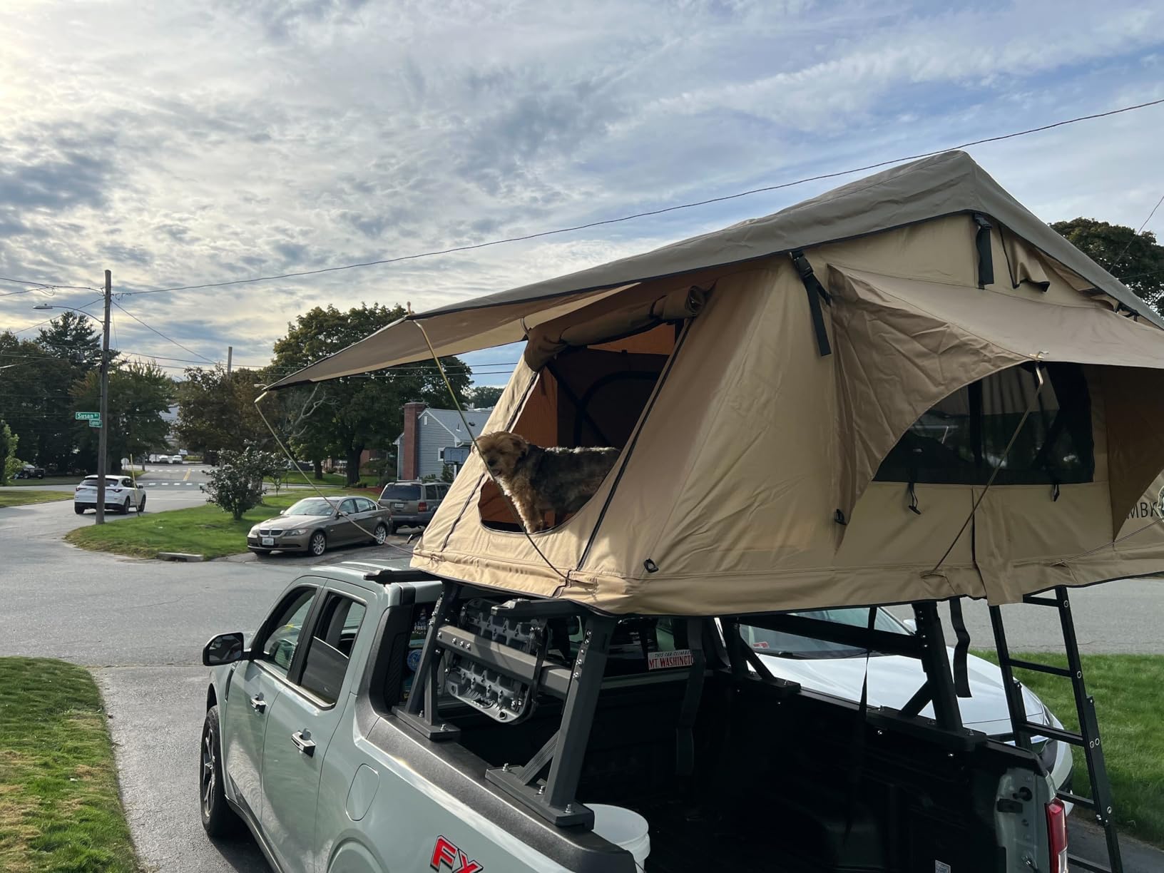 Overland Vehicle Systems TMBK 3 Person Roof Top Tent with Rain Fly Tan Body & Green Rainfly - Black Aluminum Base with Black Ladder - Universal Fitment - Customer Photo 1