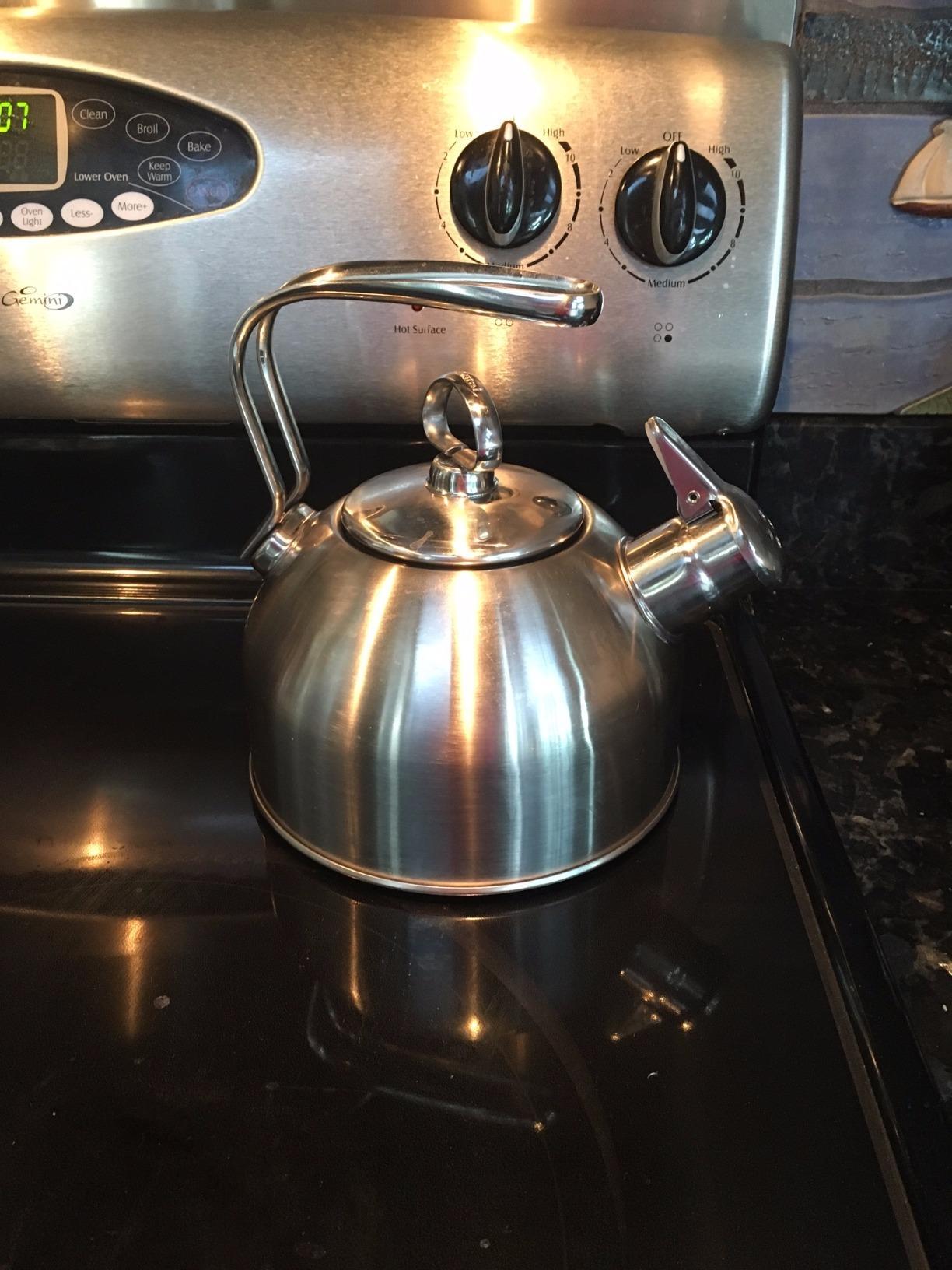 Chantal Classic Teakettle, 1.8 QT, Enamel On Steel, 2-Tone Harmonica Whistle, Rapid Boil and Even Heating (White) Customer Review Chantal Classic Teakettle, 1.8 QT, Enamel On Steel, 2-Tone Harmonica Whistle, Rapid Boil and Even Heating (White) - Customer Photo 1