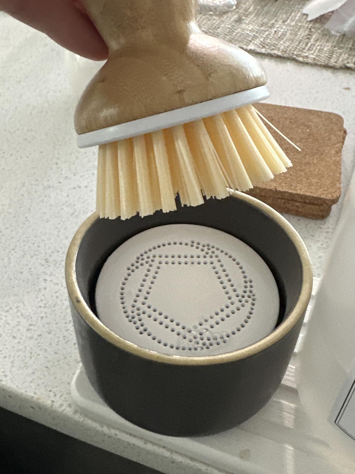 Full Circle Bubble Up Bamboo Dish Brush & Ceramic Soap Dispenser – Family Safe, Formaldehyde-Free – Kitchen Scrub Brush for Dishes, Nonstick & Cast Iron, Gray Customer Review Full Circle Bubble Up Bamboo Dish Brush & Ceramic Soap Dispenser – Family Safe, Formaldehyde-Free – Kitchen Scrub Brush for Dishes, Nonstick & Cast Iron, Gray - Customer Photo 2