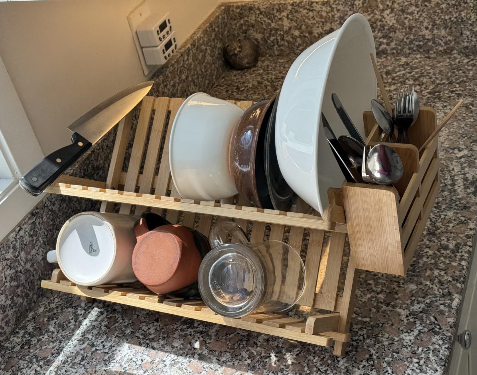 Dish Drying Rack - Bamboo Dish Rack for Kitchen Counter, Collapsible 2-Tier Wooden Drying Rack for Dishes, Plates, Cups, Utensils - Foldable Dish Drainer, Space-Saving Kitchen Drying Rack Organizer - Customer Photo 1