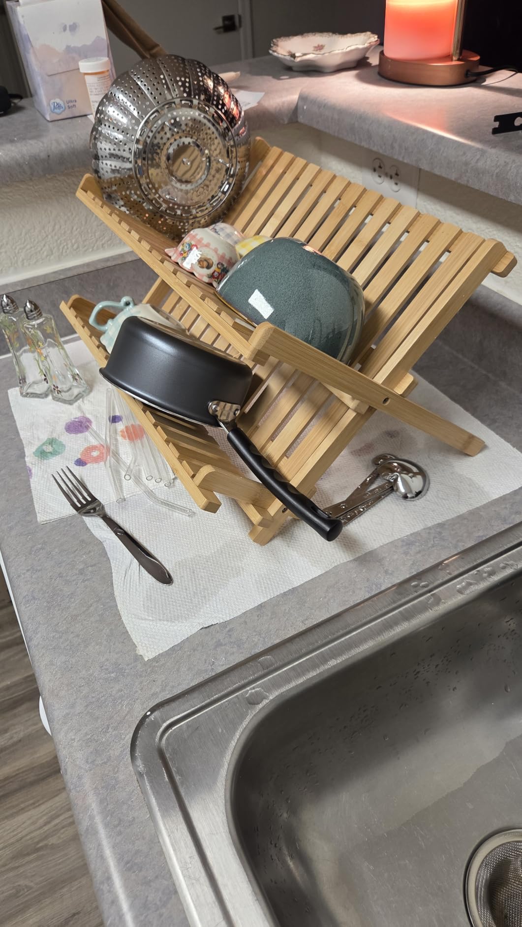 Dish Drying Rack - Bamboo Dish Rack for Kitchen Counter, Collapsible 2-Tier Wooden Drying Rack for Dishes, Plates, Cups, Utensils - Foldable Dish Drainer, Space-Saving Kitchen Drying Rack Organizer - Customer Photo 2