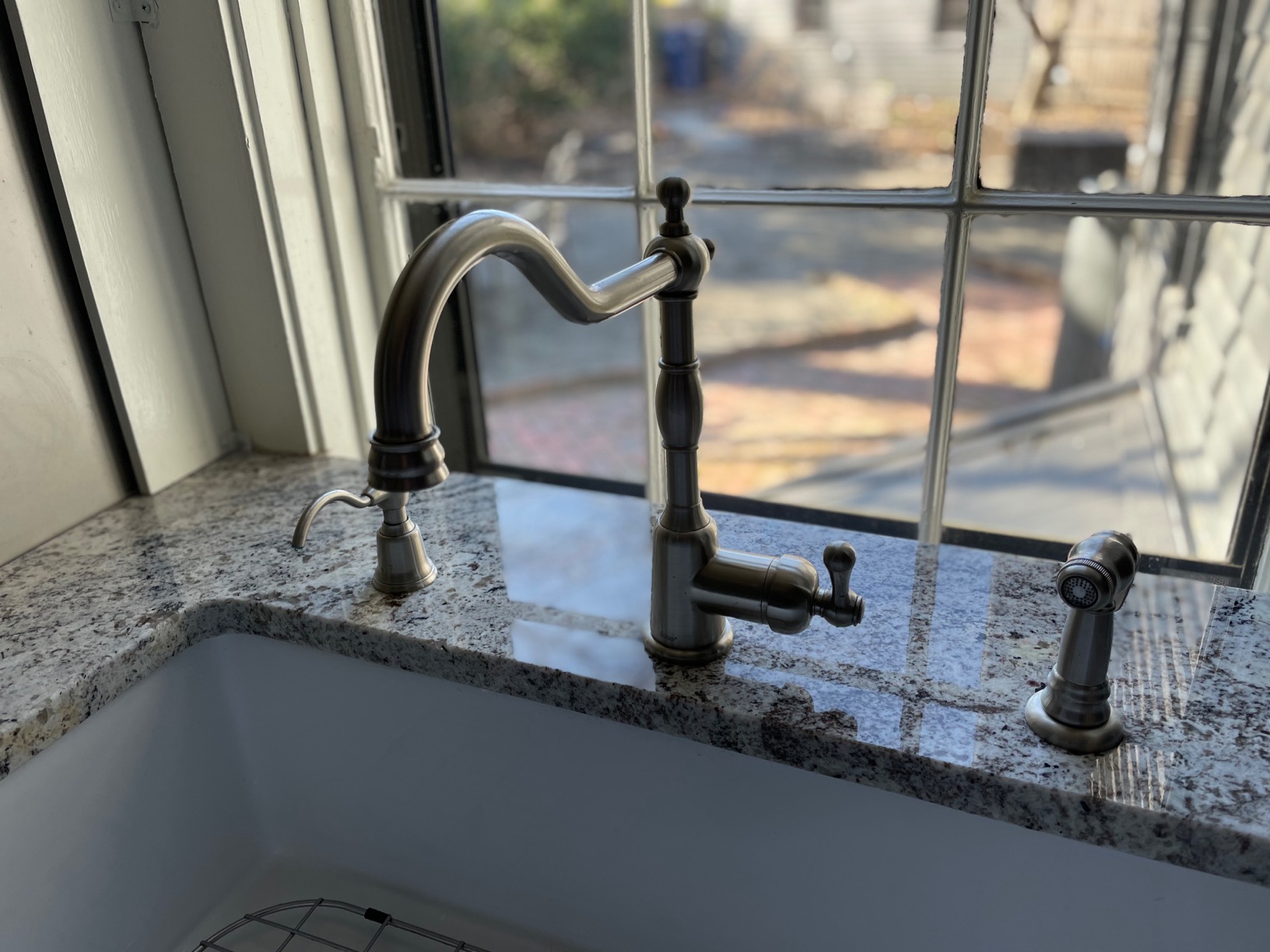 Gerber Opulence Bridge Kitchen Faucet with Side Spray – 2-Handle Farmhouse Sink Faucet, Traditional Style, Swivel Spout, Heavy-Duty Brass, 8-Inch Center, 4-Hole Deck Mount in Stainless Steel - Customer Photo 1
