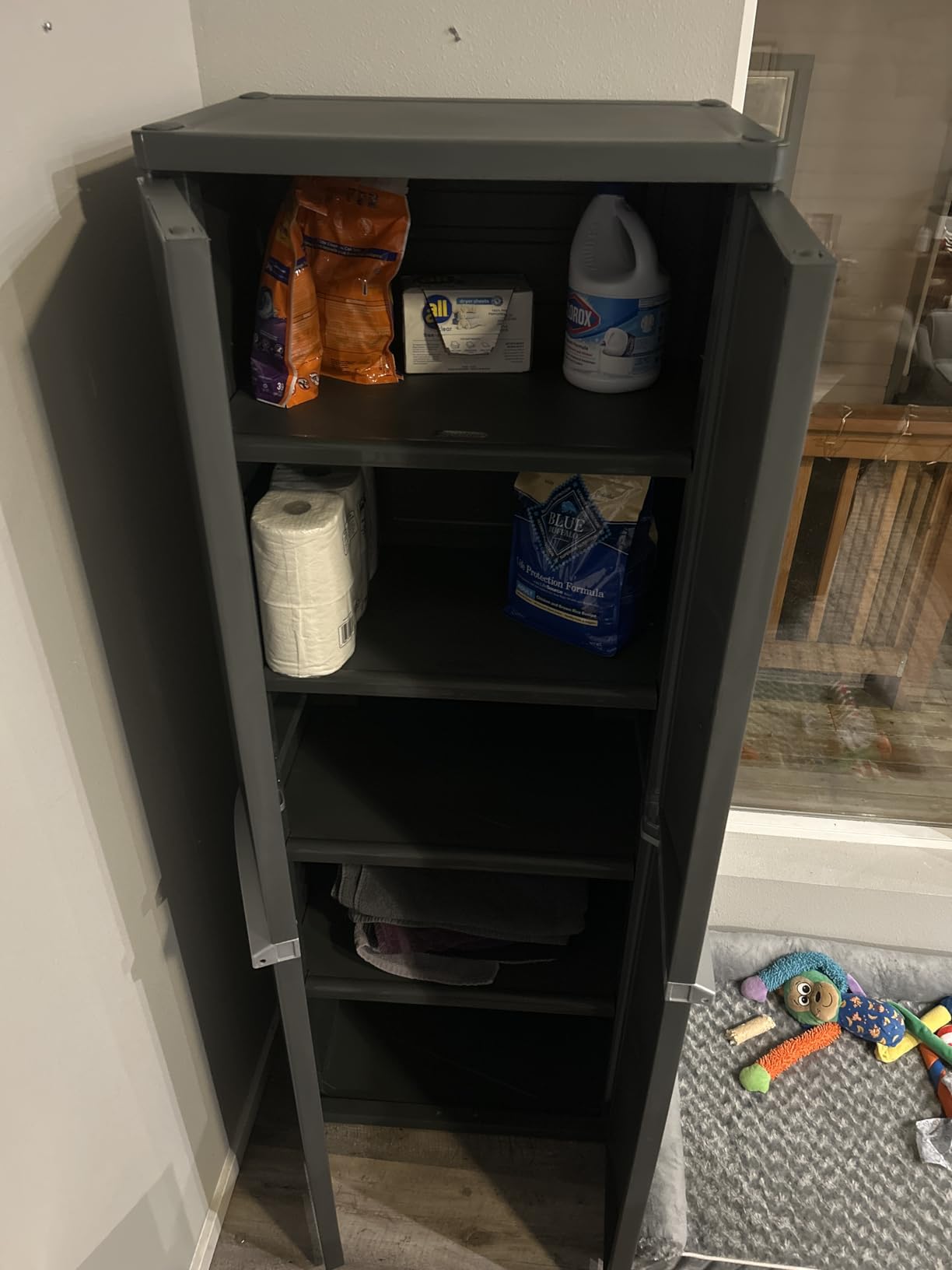 Sterilite 4 Shelf Cabinet, Lockable Utility Storage w/ Adjustable Shelves, Gray - Plastic Shelving Unit for Organizing Garage, Pantry, Basement, Laundry Room or Mudroom Customer Review Sterilite 4 Shelf Cabinet, Lockable Utility Storage w/ Adjustable Shelves, Gray - Plastic Shelving Unit for Organizing Garage, Pantry, Basement, Laundry Room or Mudroom - Customer Photo 2