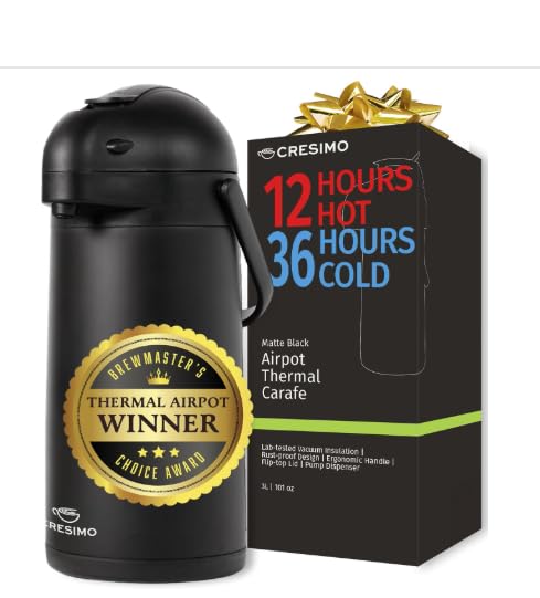 Cresimo Coffee Carafe with Pump - 102oz / 3L Airpot 12 Hours Large Hot Water Carafe, Cocoa Dispenser for Parties - Tea Flask, Insulated Stainless Steel Airpots for Hot Beverage Dispenser -Coffee Pump - Customer Photo 1