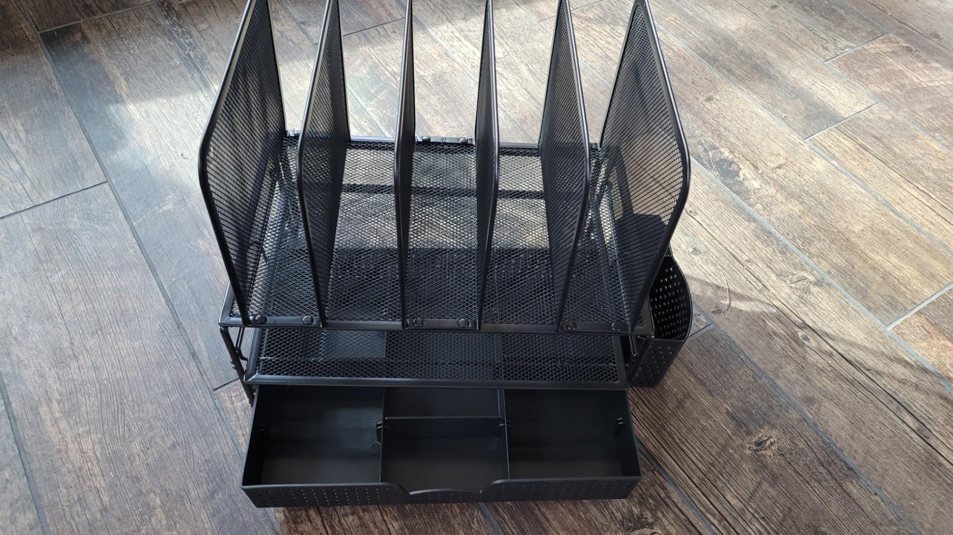 SIMPLE HOUSEWARE Mesh Desk Organizer with Sliding Drawer, Double Tray and 5 Upright Sections, Black - Customer Photo 2
