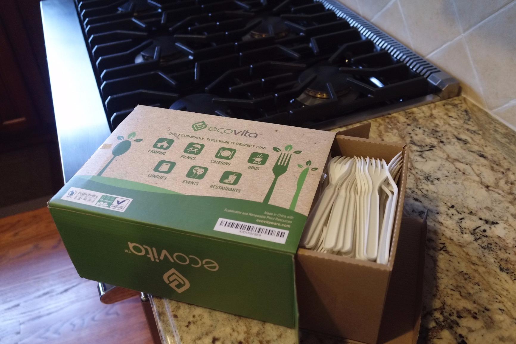 Ecovita 100% Compostable Forks Spoons Knives Cutlery Combo Set - 380 Large Disposable Utensils (7 in.) Eco Friendly Durable and Heat Resistant Alternative to Plastic Silverware with Convenient Tray - Customer Photo 1
