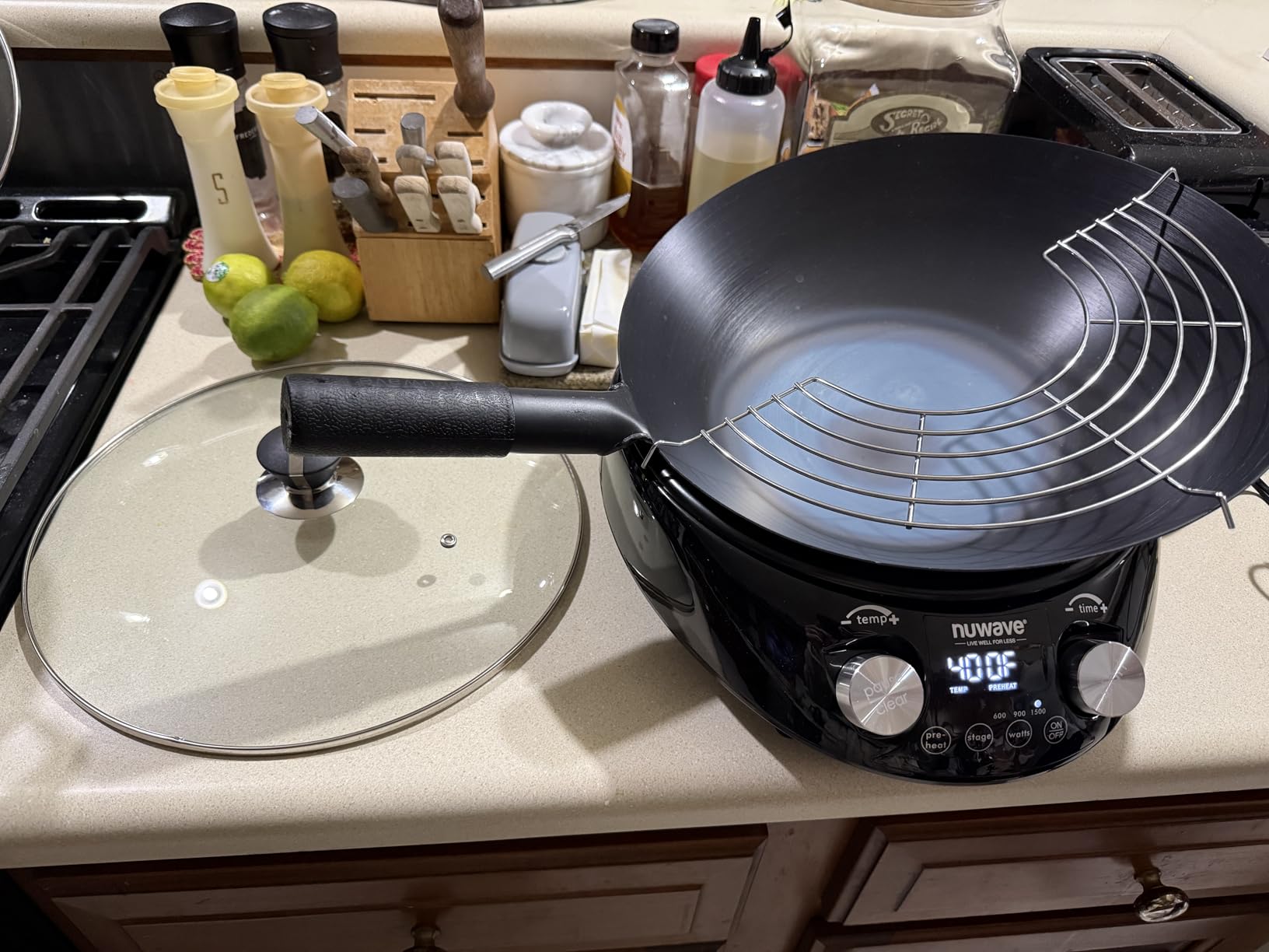 Nuwave Mosaic Induction Wok, Precise Temp Controls from 100°F to 575°F in 5°F, Wok Hei, Infuse Complex Charred Aroma & Flavor, 3 Watts 600,900 & 1500, Authentic 14-inch Carbon Steel Wok Included,Black - Customer Photo 1