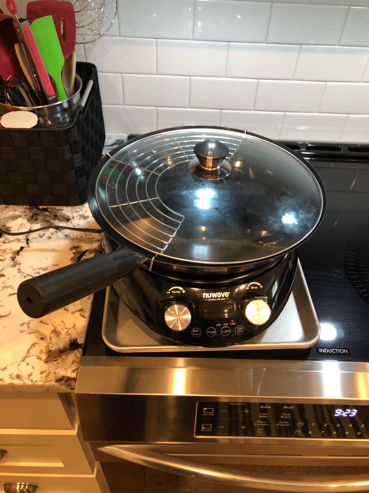 Nuwave Mosaic Induction Wok, Precise Temp Controls from 100°F to 575°F in 5°F, Wok Hei, Infuse Complex Charred Aroma & Flavor, 3 Watts 600,900 & 1500, Authentic 14-inch Carbon Steel Wok Included,Black - Customer Photo 3