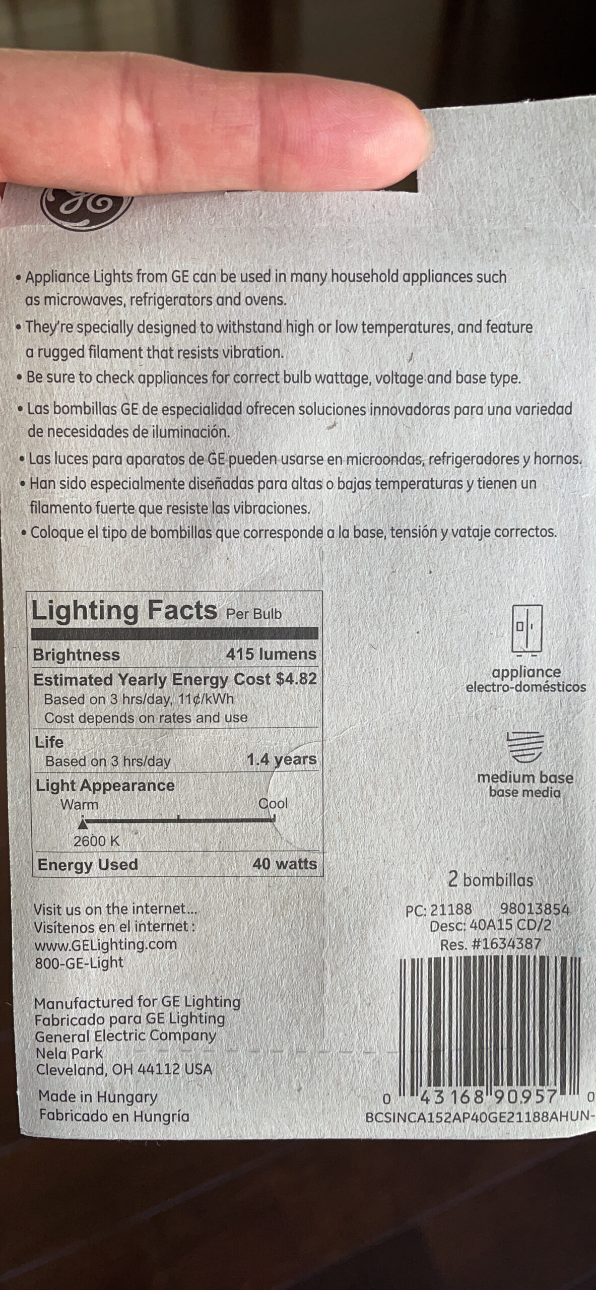 GE Incandescent 40 Watt Soft White A15 Appliance Bulbs 2 Pack - Customer Photo 1