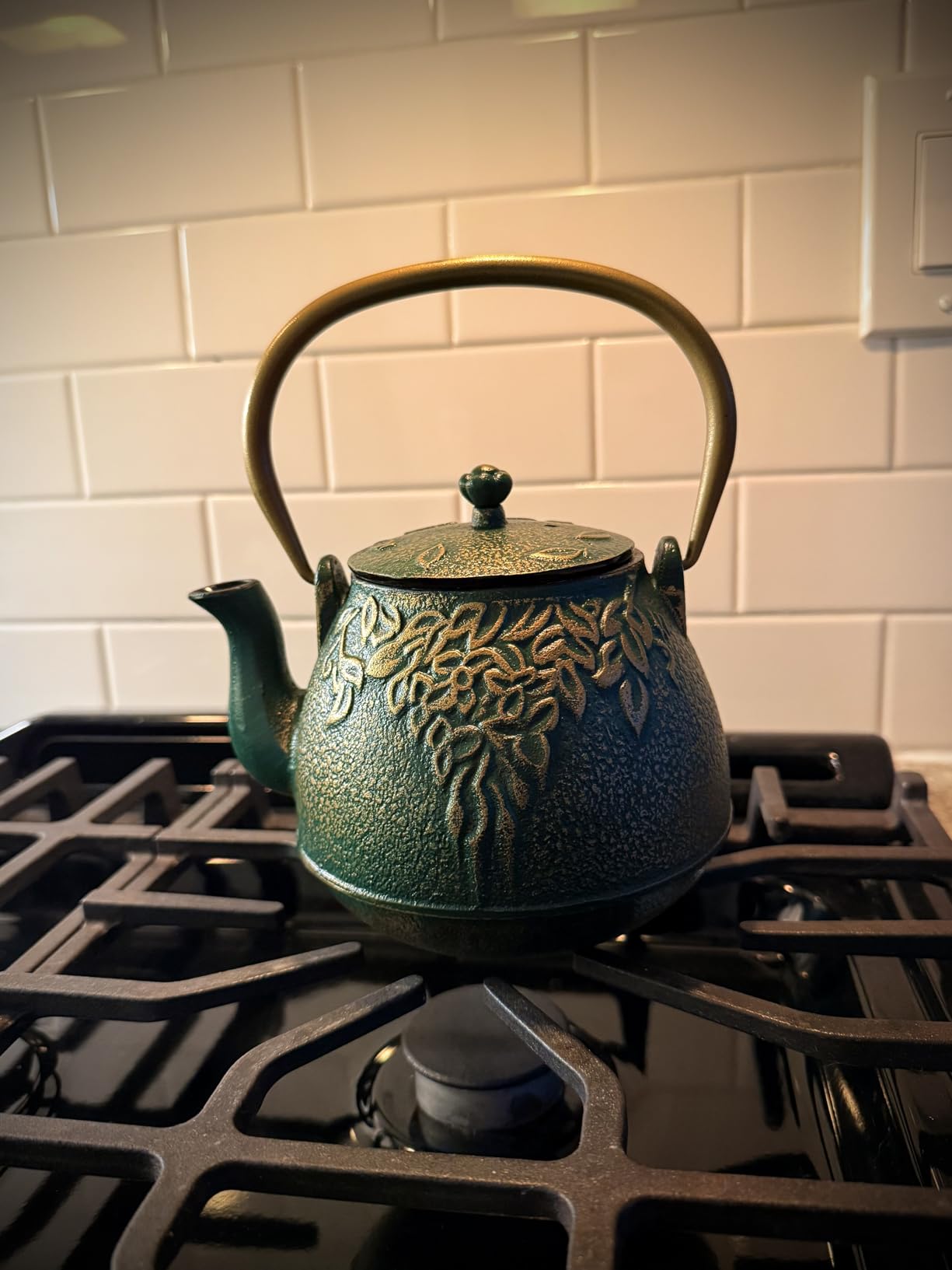 TOPTIER Japanese Teapot with Stainless Steel Infuser, Cast Iron Tea Kettle Stovetop Safe, Leaf Design Coated with Enameled Interior for 32 Ounce (950 ml), Light Green Customer Review TOPTIER Japanese Teapot with Stainless Steel Infuser, Cast Iron Tea Kettle Stovetop Safe, Leaf Design Coated with Enameled Interior for 32 Ounce (950 ml), Light Green - Customer Photo 1