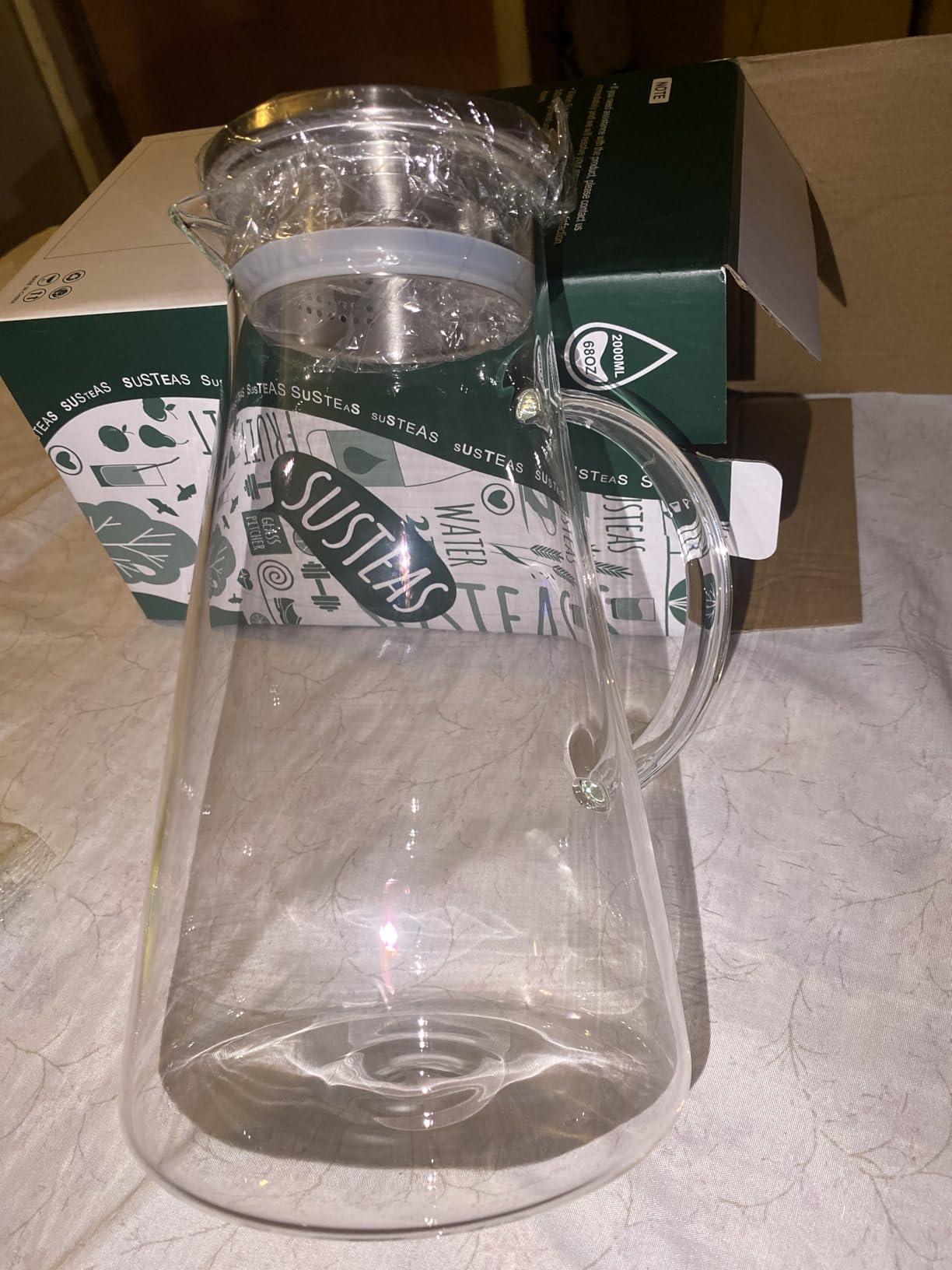 SUSTEAS 2.0 Liter 68oz Glass Pitcher with Lid, Easy Clean Heat Resistant Glass Water Carafe with Handle for Hot/Cold Beverages - Water, Cold Brew, Iced Tea & Juice, With 1 Long-Handled Brush Included - Customer Photo 1