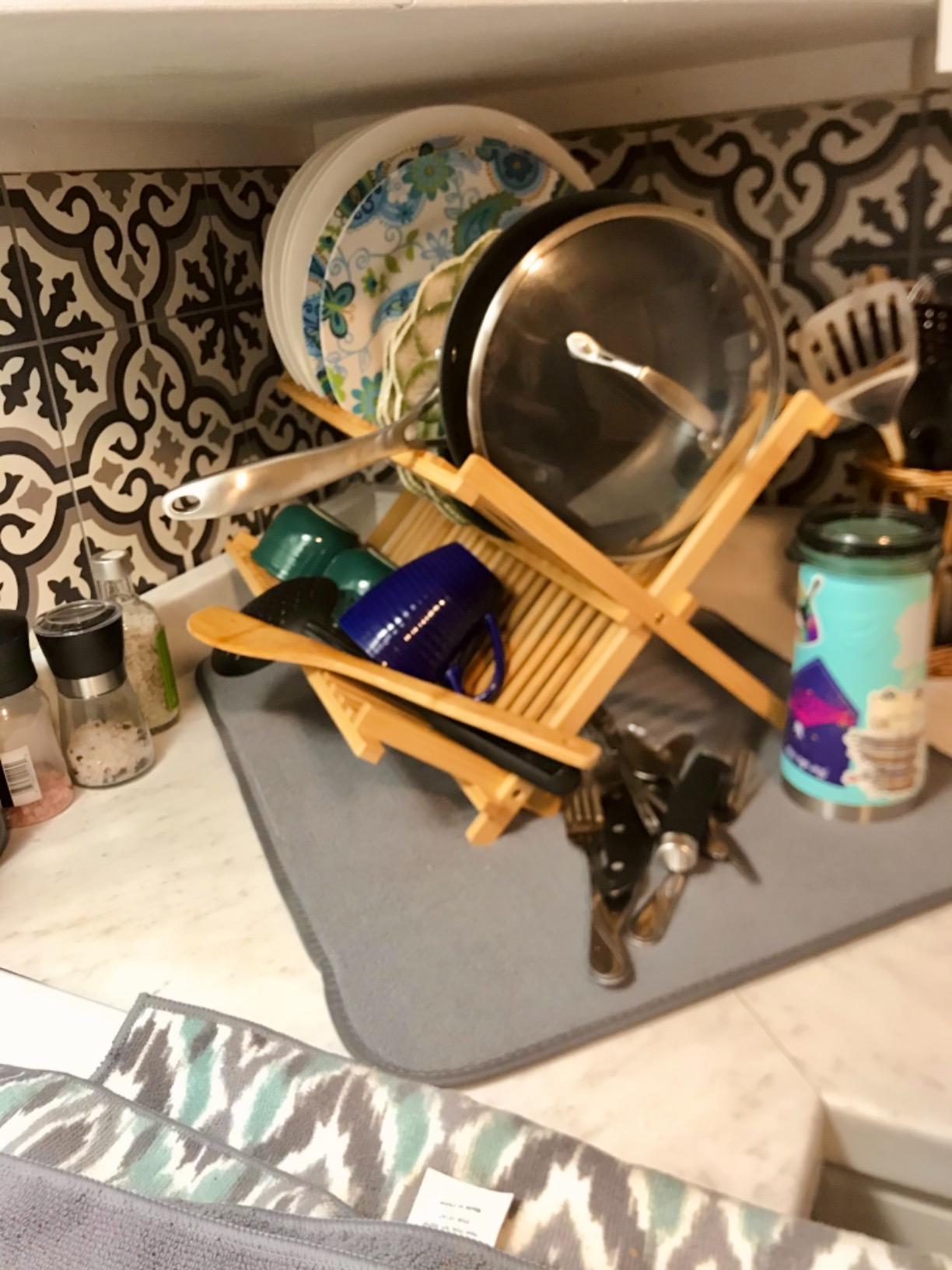 RoyalHouse Premium Natural Bamboo Dish Rack, Collapsible Dish Drainer, Foldable and Compact Dish Drying Rack for Kitchen Counter - Customer Photo 1