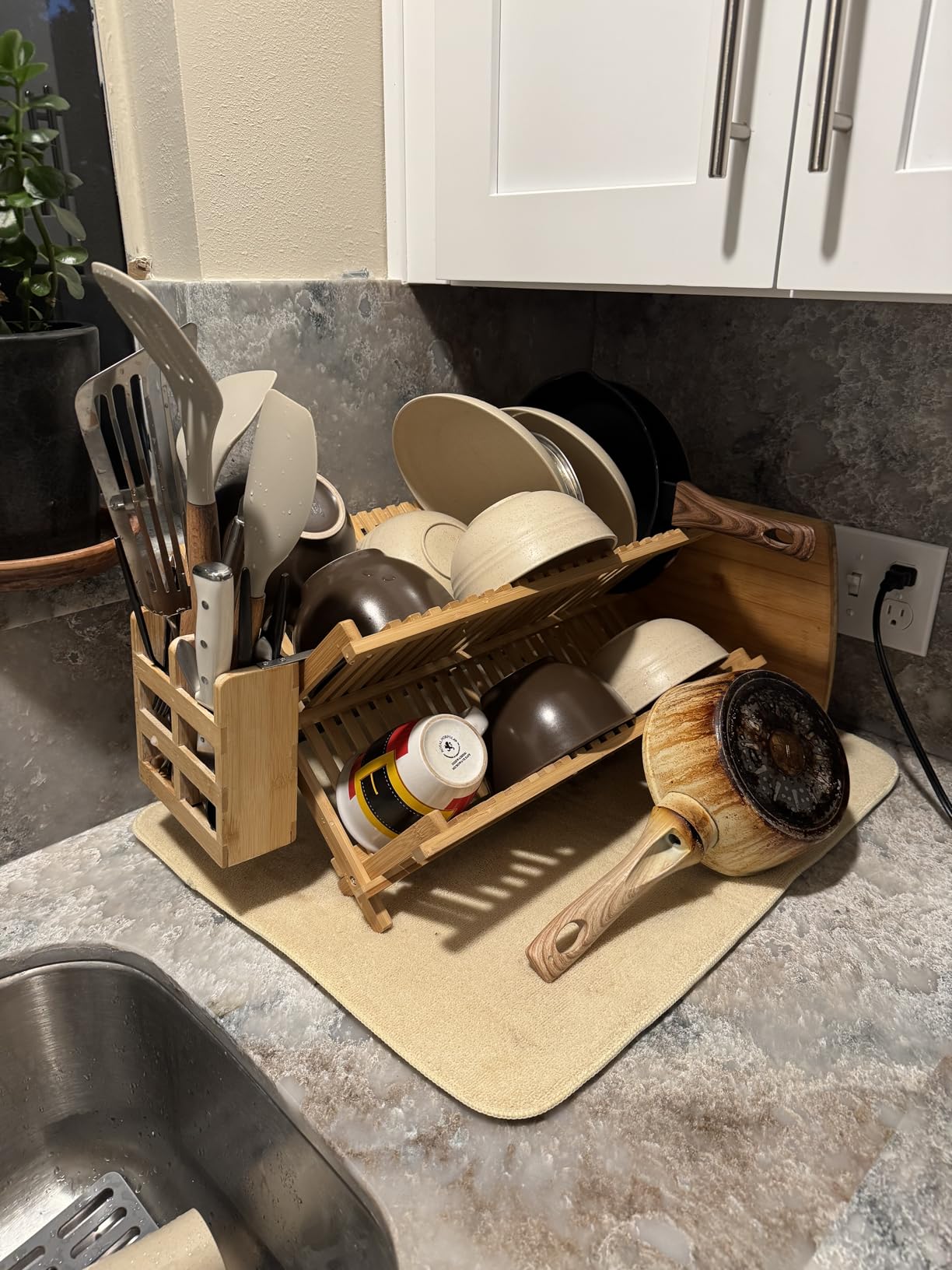 RoyalHouse Premium Natural Bamboo Dish Rack, Collapsible Dish Drainer, Foldable and Compact Dish Drying Rack for Kitchen Counter - Customer Photo 2