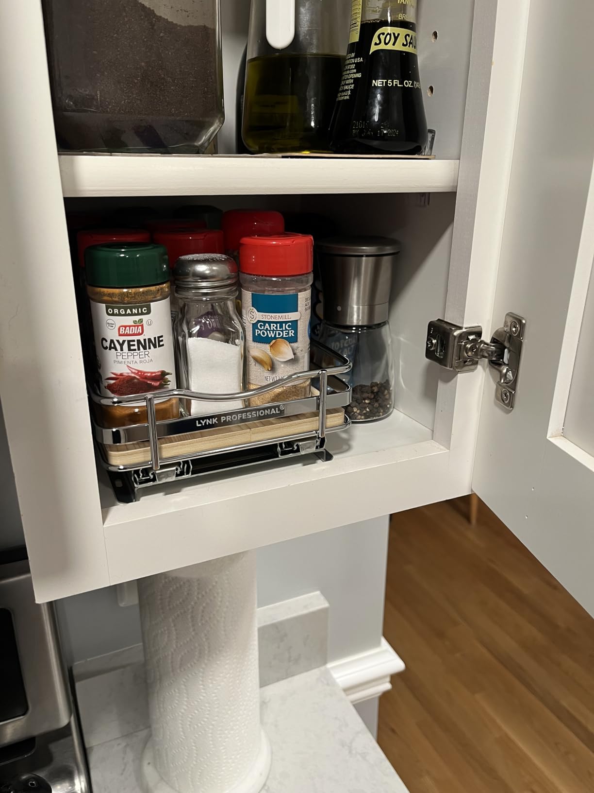 LYNK PROFESSIONAL Pull Out Spice Rack Organizer for Inside Kitchen Cabinets - 4-3/8 inch Wide - Slide Out Drawer – Chrome Sliding Spice Organization for cabinet - Spice Racks - 2 Tier Customer Review LYNK PROFESSIONAL Pull Out Spice Rack Organizer for Inside Kitchen Cabinets - 4-3/8 inch Wide - Slide Out Drawer – Chrome Sliding Spice Organization for cabinet - Spice Racks - 2 Tier - Customer Photo 1