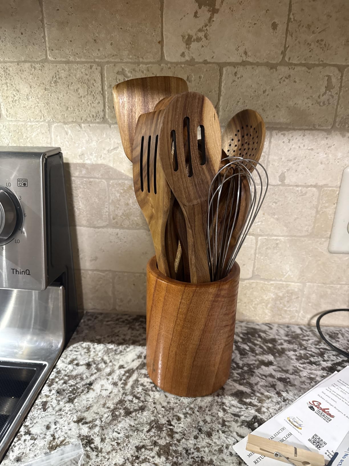 Wooden Utensil Set 8 Pcs – Sturdy & Easy to Clean, Natural Teak Wooden Spoons for Cooking – Non-Scratch Cooking Utensils with Spatula, Turner, Ladle, Spoons, Skimmer, Holder, Spoon Rest & 6 Hooks - Customer Photo 1