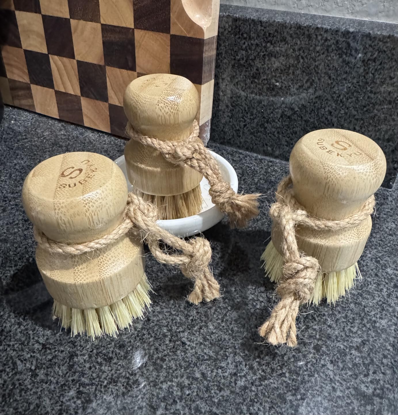 Bamboo Dish Scrub Brushes,Kitchen Wooden Cleaning Scrubbers Set for Washing Cast Iron Pan/Pot, Natural Sisal Bristles, Set of 3 - Customer Photo 1