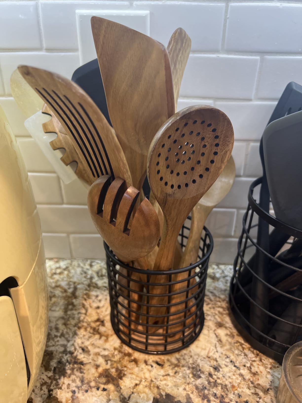 Kitchen Utensils Set with Holder, Kitchen Wooden Utensils for Cooking, Wood Utensil Natural Teak Wood Spoons - 11 Piece Set - Customer Photo 2