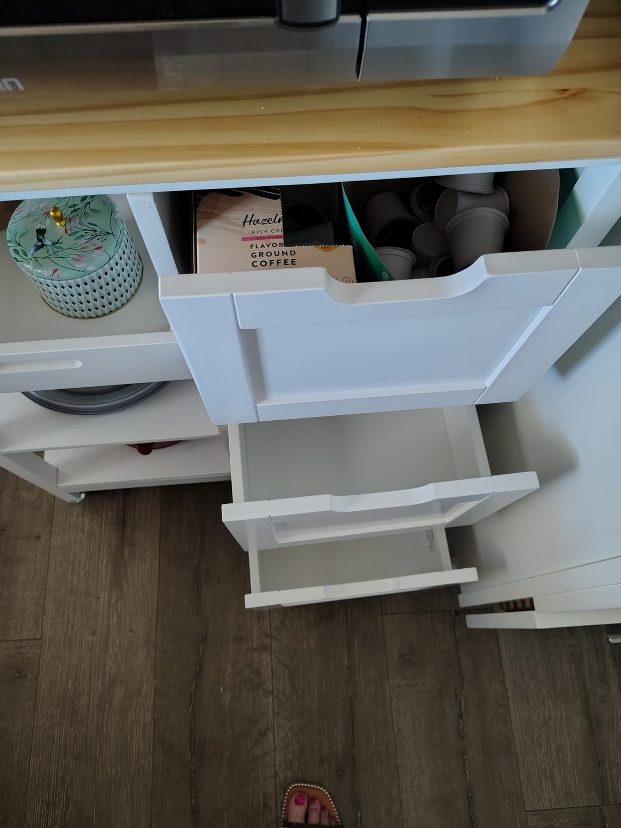 YITAHOME Small Solid Wood Top Kitchen Island Cart on Wheels with Storage, Rolling Portable Dining Room Serving Utility Carts Mobile Movable with 3 Drawers Cabinet, Oak & White - Customer Photo 1