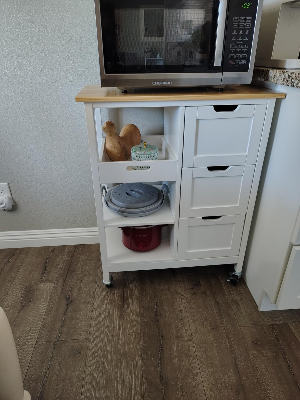 YITAHOME Small Solid Wood Top Kitchen Island Cart on Wheels with Storage, Rolling Portable Dining Room Serving Utility Carts Mobile Movable with 3 Drawers Cabinet, Oak & White - Customer Photo 2