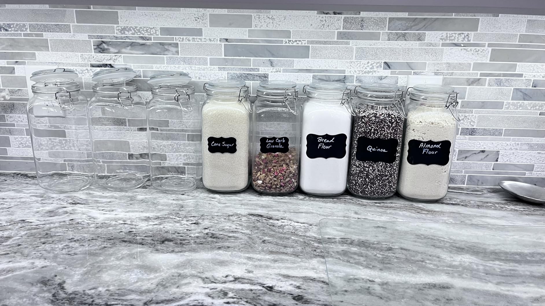 Vtopmart 78oz Glass Food Storage Jars with Airtight Clamp Lids, 3 Pack Large Kitchen Canisters for Flour, Cereal, Coffee, Pasta and Canning, Square Mason Jar with 8 Chalkboard Labels - Customer Photo 2