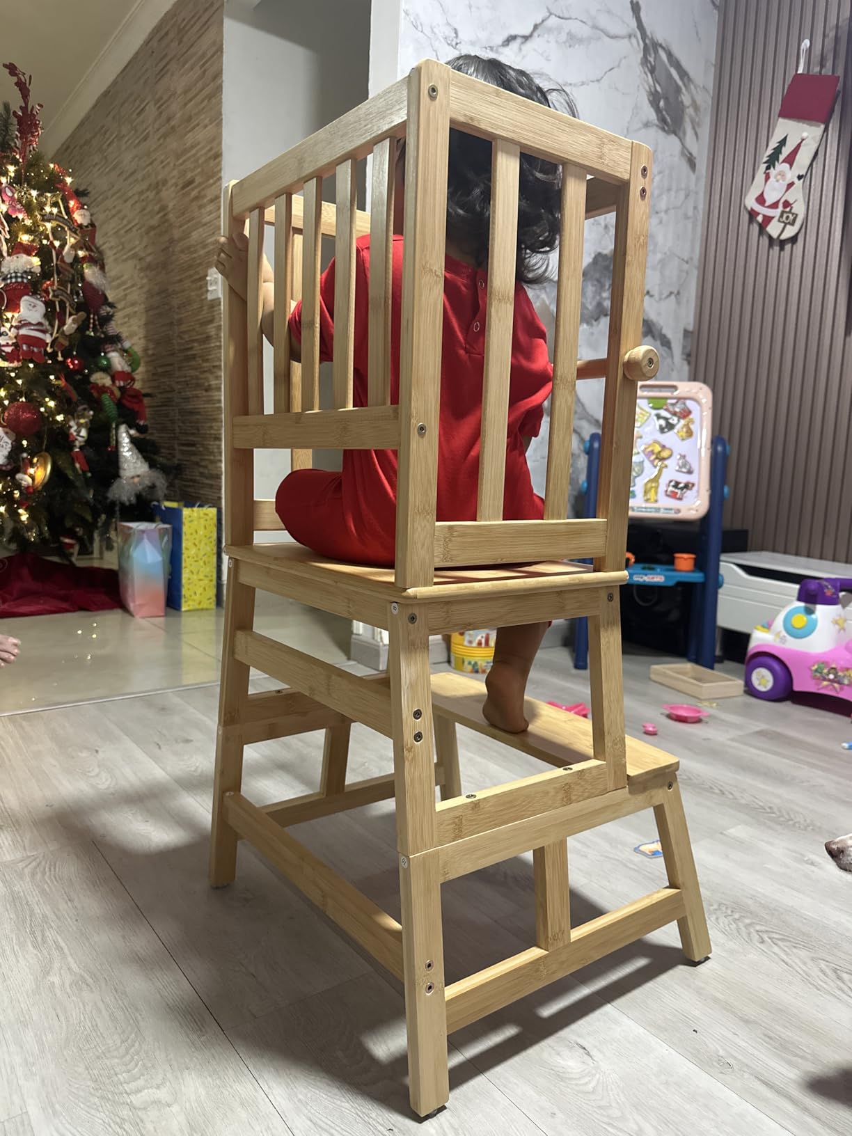 COSYLAND Kids Kitchen Step Stool，Toddler Standing Tower with CPC Certification, Removable Anti-Drop Railing Safety Rail Unique Patented Design Anti-tip Structure More Stable, 1.5-3 yrs Natural Bamboo customer photo 2