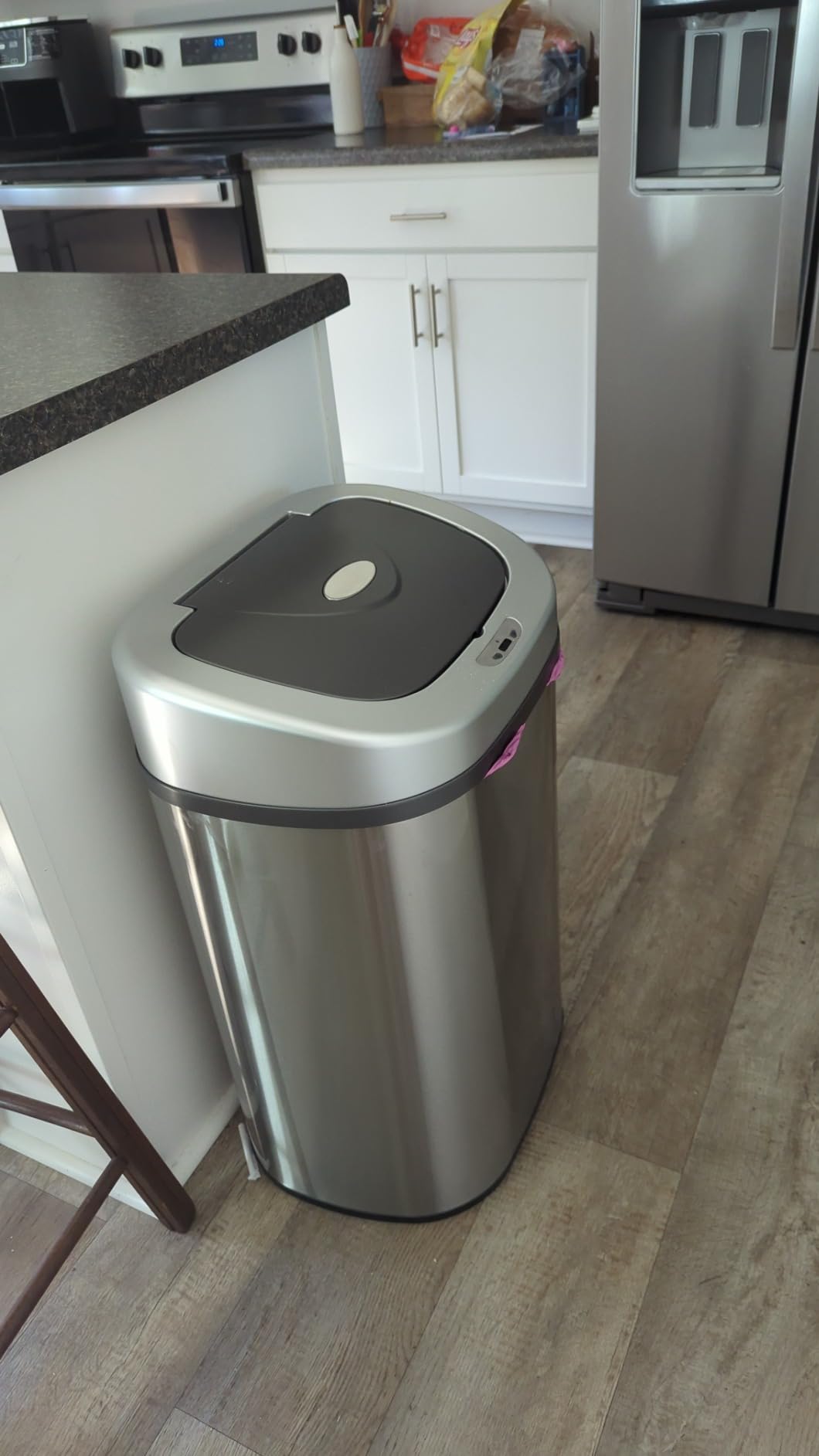 Amazon Basics Automatic Trash Can with Lid, Hands-Free, Stainless Steel, D-Shaped 80 l, 2 Bins - Customer Photo 1
