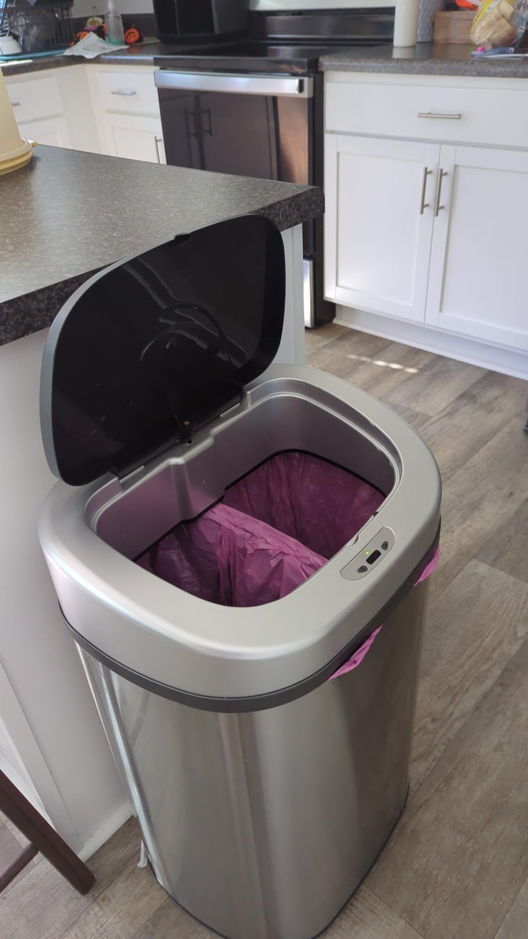 Amazon Basics Automatic Trash Can with Lid, Hands-Free, Stainless Steel, D-Shaped 80 l, 2 Bins - Customer Photo 2