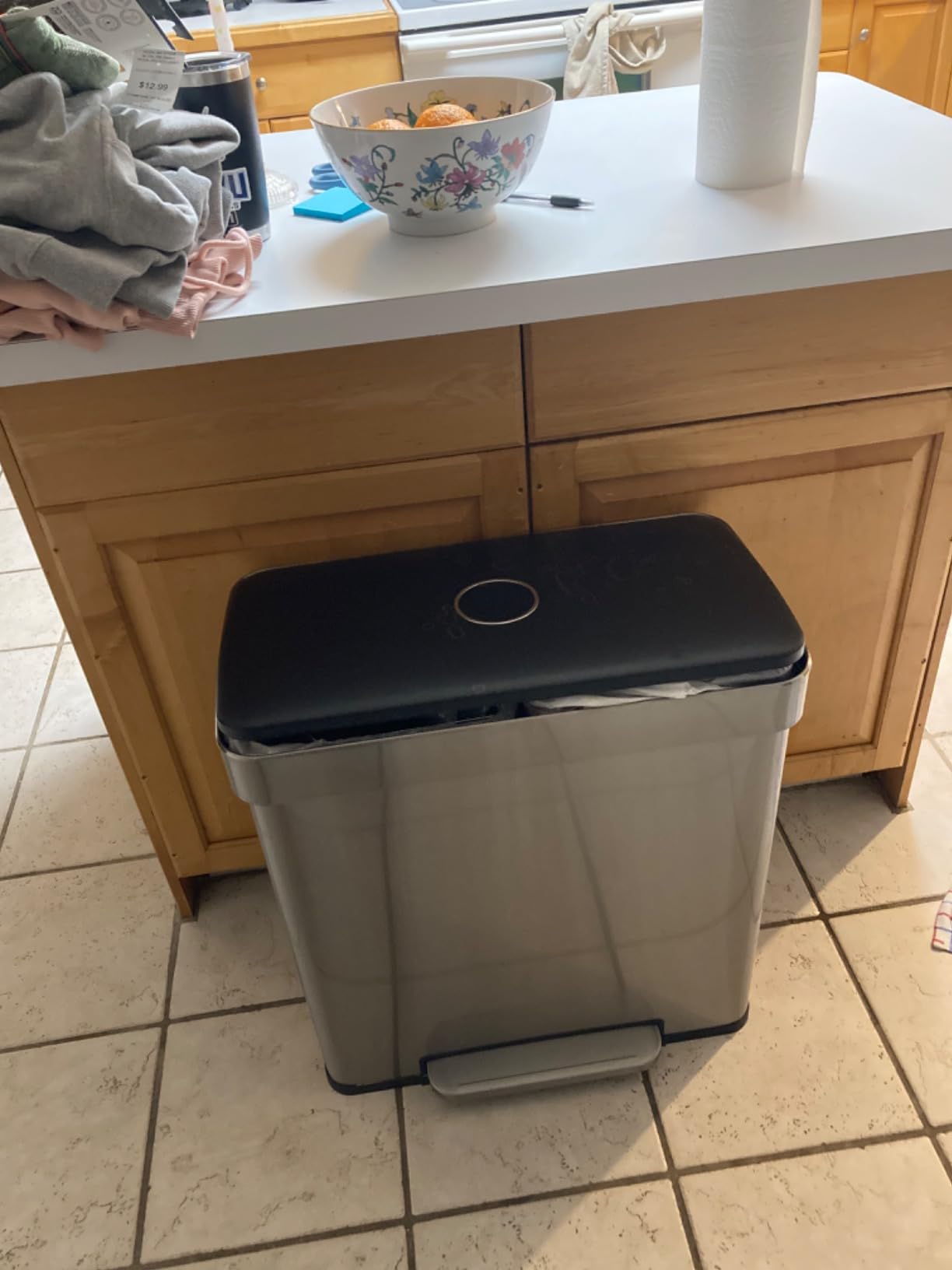Amazon Basics Dual Compartment Recycling Trash Can with Soft-Close Lid and Removable Liner Buckets, 60 Liters, Rectangular, Grey, Silver - Customer Photo 3