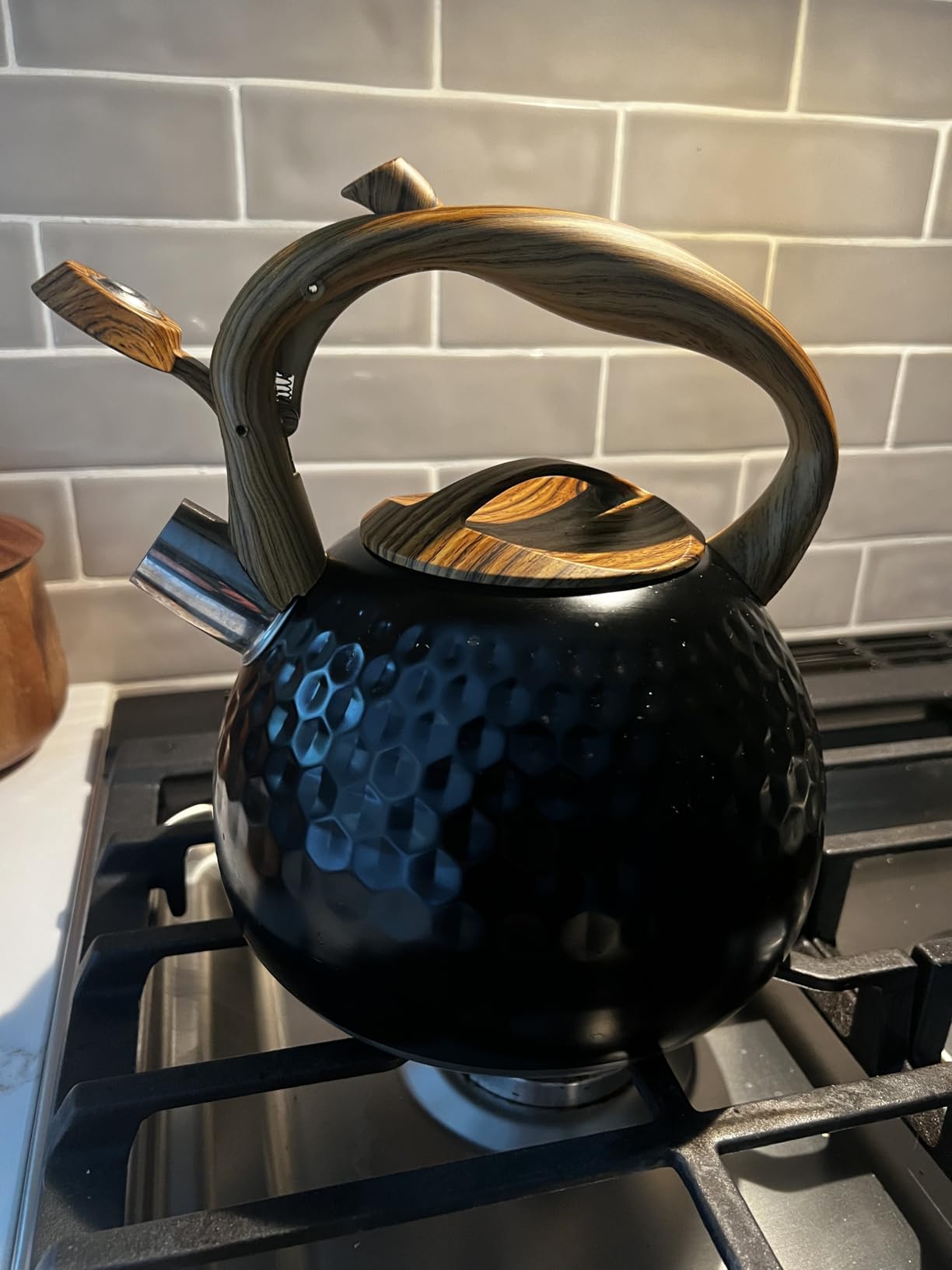 GGC Tea Kettle for Stove Top, Loud Whistling Kettle for Boiling Water Coffee or Milk, 3.1 Quart 3L Heavy Stainless Steel Black Kettle with Wood Pattern Handle, Unique Button Control Kettle Outlet - Customer Photo 1