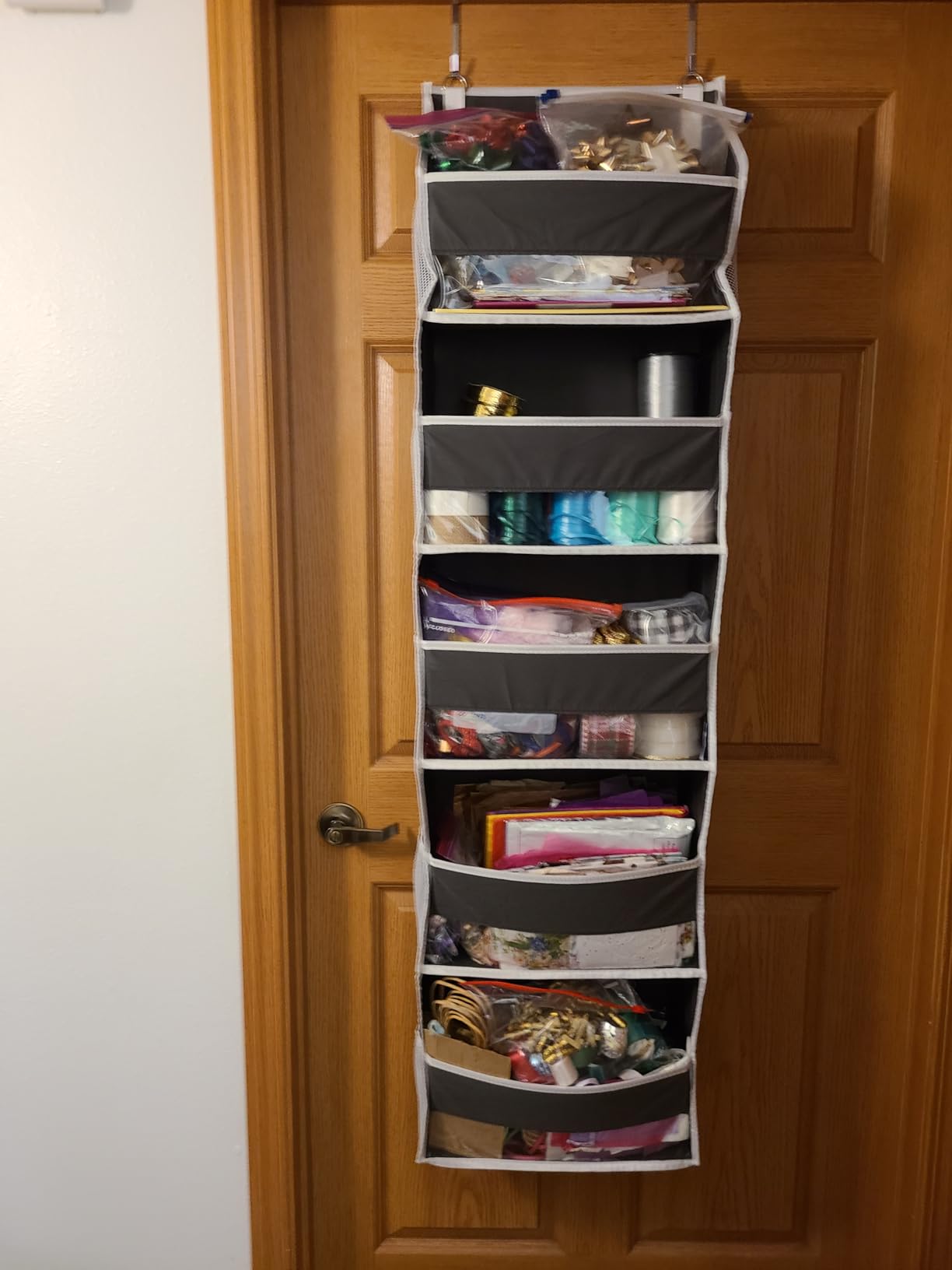 ULG 1 Pack Over Door Organizer with 5 Large and 10 Mesh Side Pockets, 44 lbs Weight Capacity Hanging Storage with Clear Window Kids Toys, Shoes, Diapers, Dark Grey, 5 Layers - Customer Photo 1