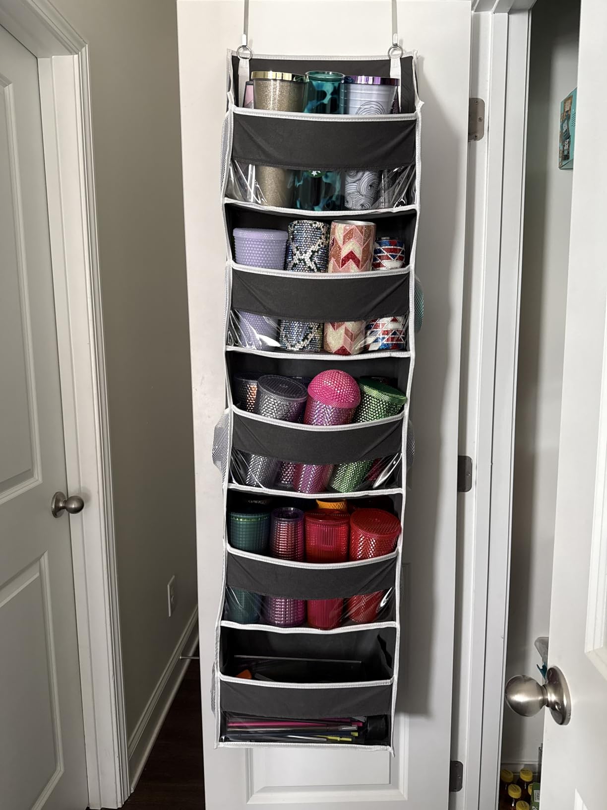 ULG 1 Pack Over Door Organizer with 5 Large and 10 Mesh Side Pockets, 44 lbs Weight Capacity Hanging Storage with Clear Window Kids Toys, Shoes, Diapers, Dark Grey, 5 Layers - Customer Photo 2