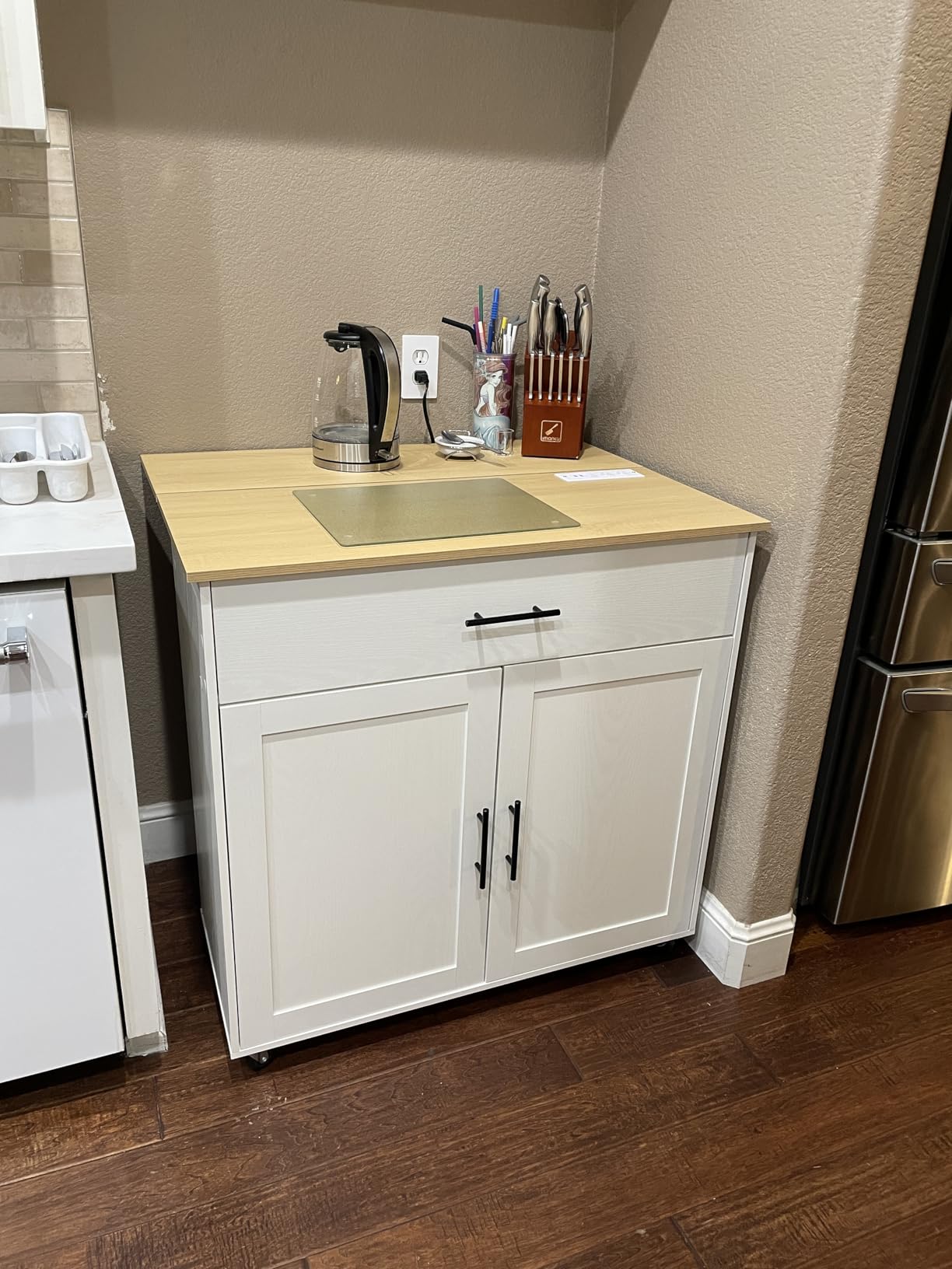 IRONCK Kitchen Island with Storage, Rolling Kitchen Island on Wheels with Drop Leaf, Charging Station, 3 Open Spice Rack, Cabinet, Drawer, Kitchen Cart Island Table for Kitchen, Black - Customer Photo 1