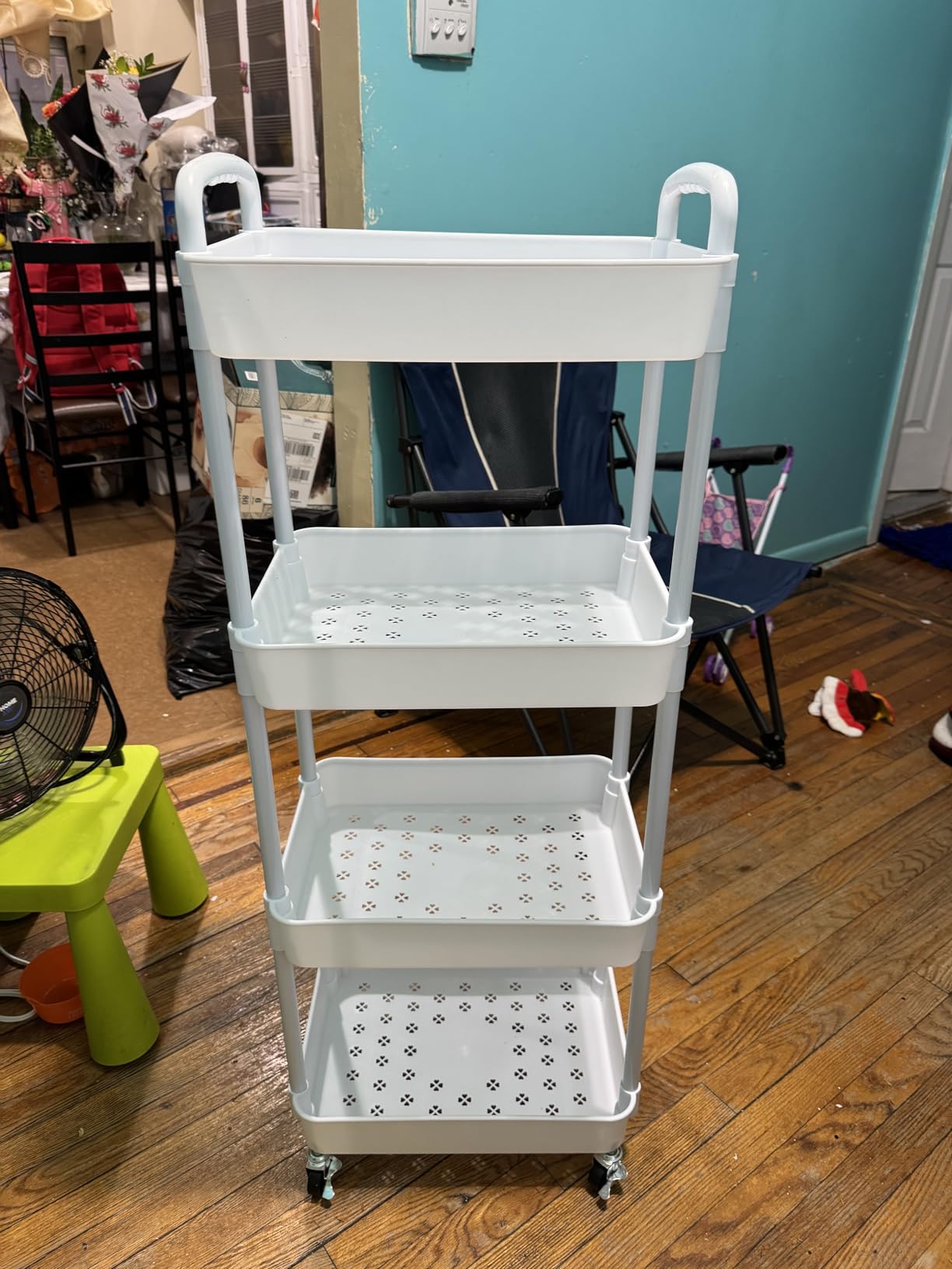 Sywhitta 3-Tier Plastic Rolling Utility Cart with Handle, Multi-Functional Storage Trolley for Office, Living Room, Kitchen, Movable Storage Organizer with Wheels, White - Customer Photo 2