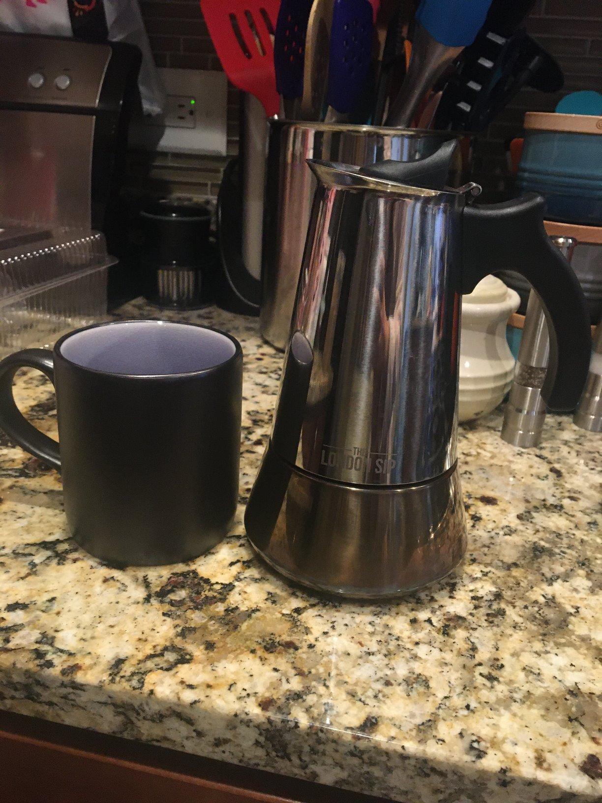 London Sip Stainless Steel Stovetop Espresso Maker Moka Pot Italian Coffee Percolator, Silver, 10 Espresso Cups Customer Review London Sip Stainless Steel Stovetop Espresso Maker Moka Pot Italian Coffee Percolator, Silver, 10 Espresso Cups - Customer Photo 2