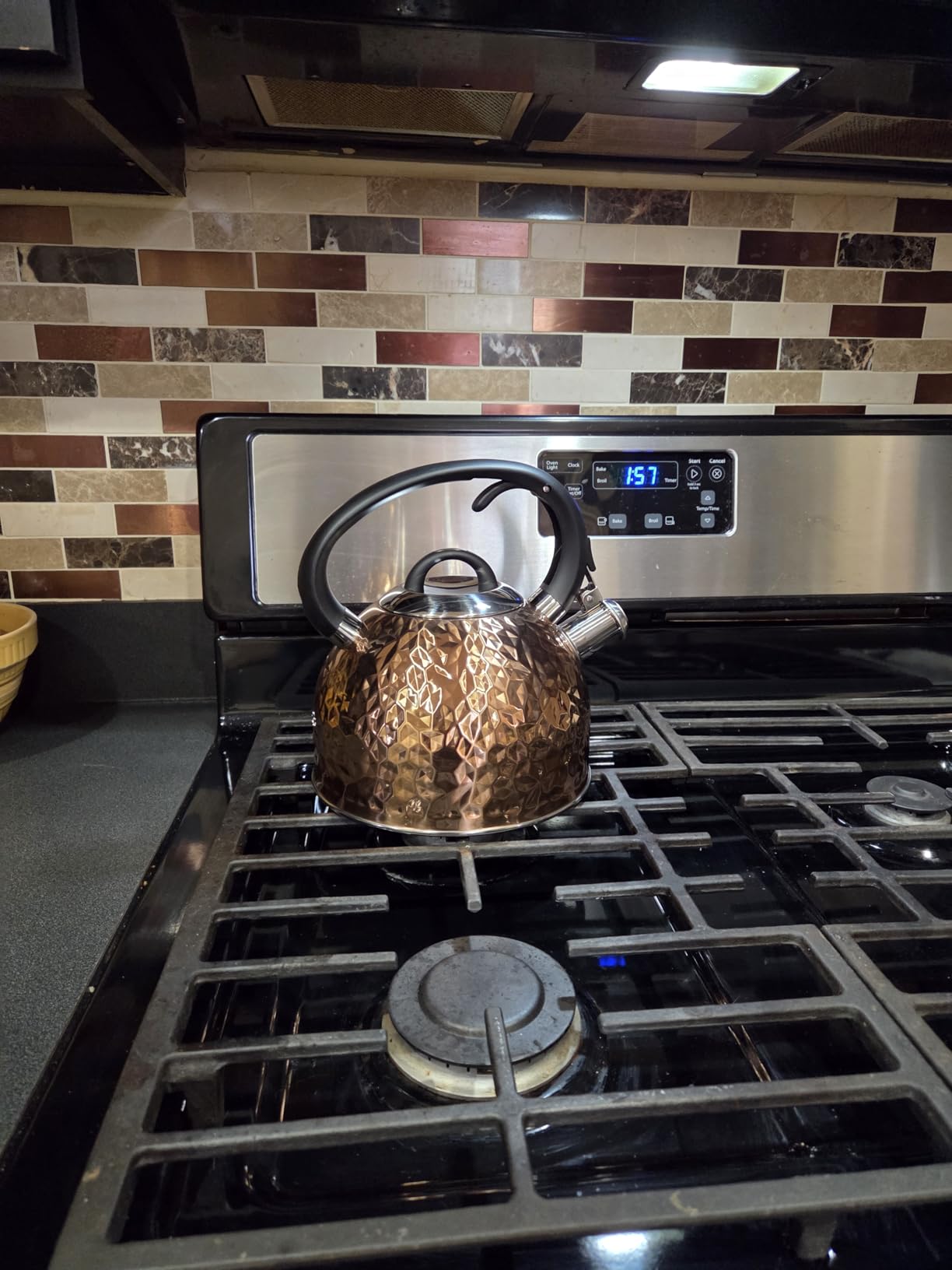 Copper Tea Kettle Stainless Steel Teapot Whistling Kettle Unique Button Control Kettle Outlet Loud Whistle Food Grade Teapot 3.2 Quart / 3 Liter Bronze - Customer Photo 1