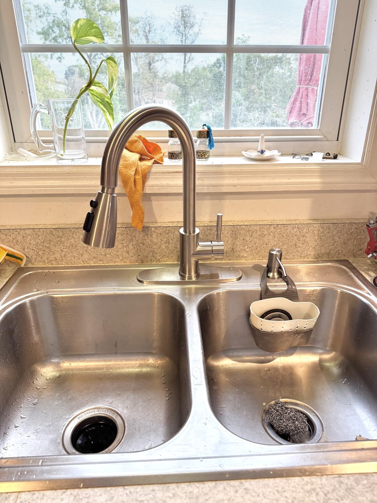 WOWOW Kitchen Faucet with Soap Dispenser: 304 Stainless Steel Kitchen Sink Faucet with Pull Down Sprayer 3 Modes, Single Handle High Arc Mixer Taps for Sink, RV, Laundry, Bar (Brushed Nickel) Customer Review WOWOW Kitchen Faucet with Soap Dispenser: 304 Stainless Steel Kitchen Sink Faucet with Pull Down Sprayer 3 Modes, Single Handle High Arc Mixer Taps for Sink, RV, Laundry, Bar (Brushed Nickel) - Customer Photo 1