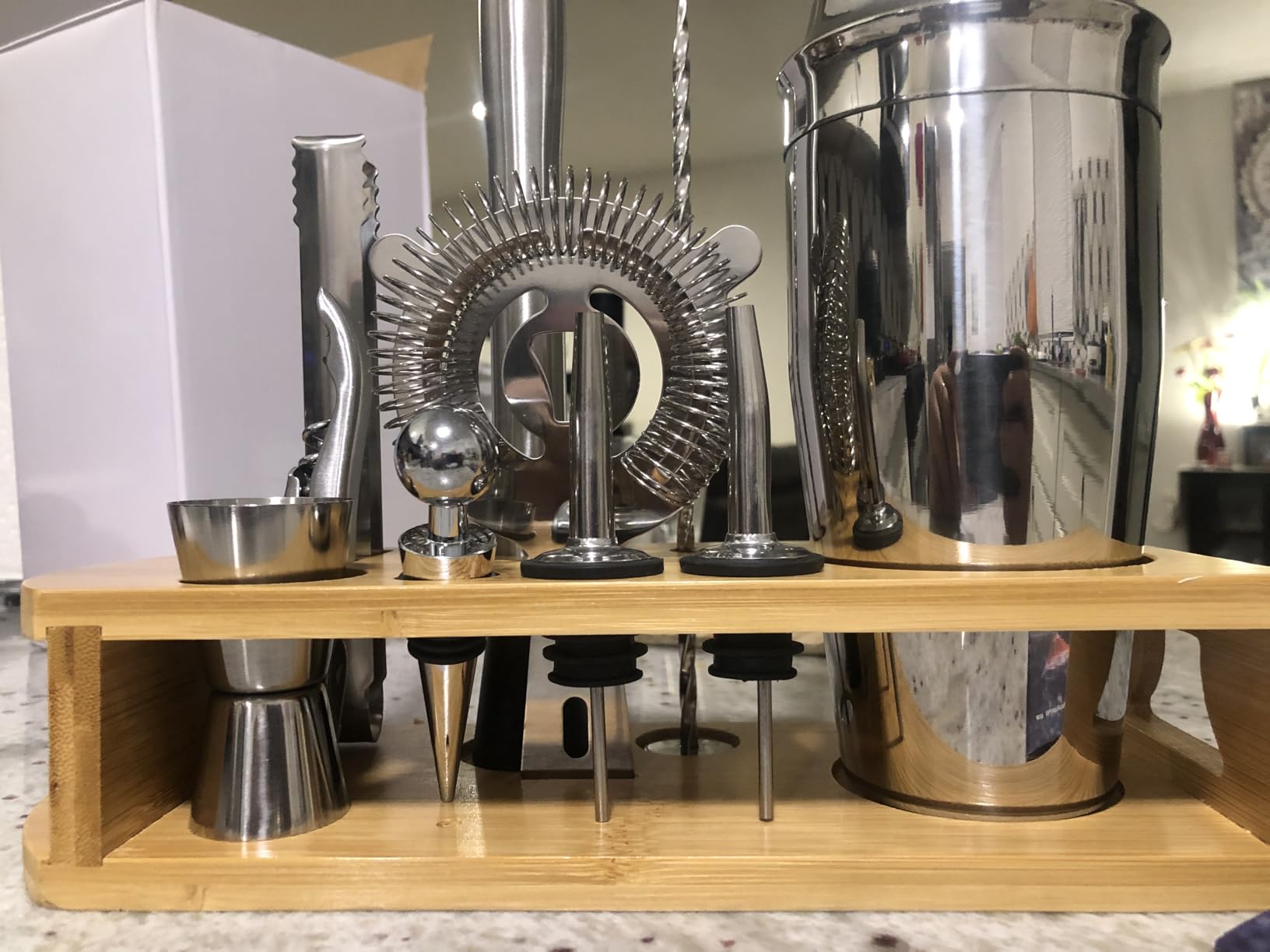 Cocktail Shaker Set Bartender Kit : 12-Piece Bar Tool Set with Bamboo Stand | Bars Set with All Practical Bar Accessories, for Drink Mixing, Bar, Home, Lounge & Party (Silver) customer photo 2
