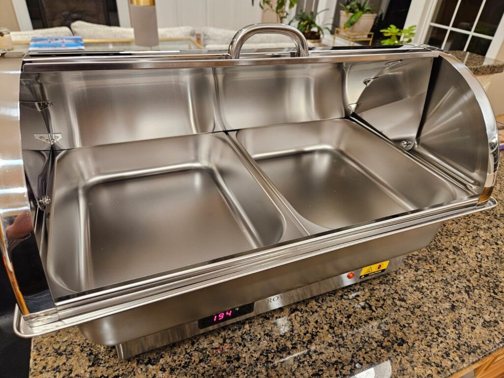 ROVSUN Electric 9 QT Chafing Dish Buffet Set, NSF Stainless Steel Roll Top Catering Chafer Server Food Warmer with Cover, Full Size & 2 Detachable Food Pans for Party Wedding Banquet Graduation Customer Review Best Electric Chafing Dishes