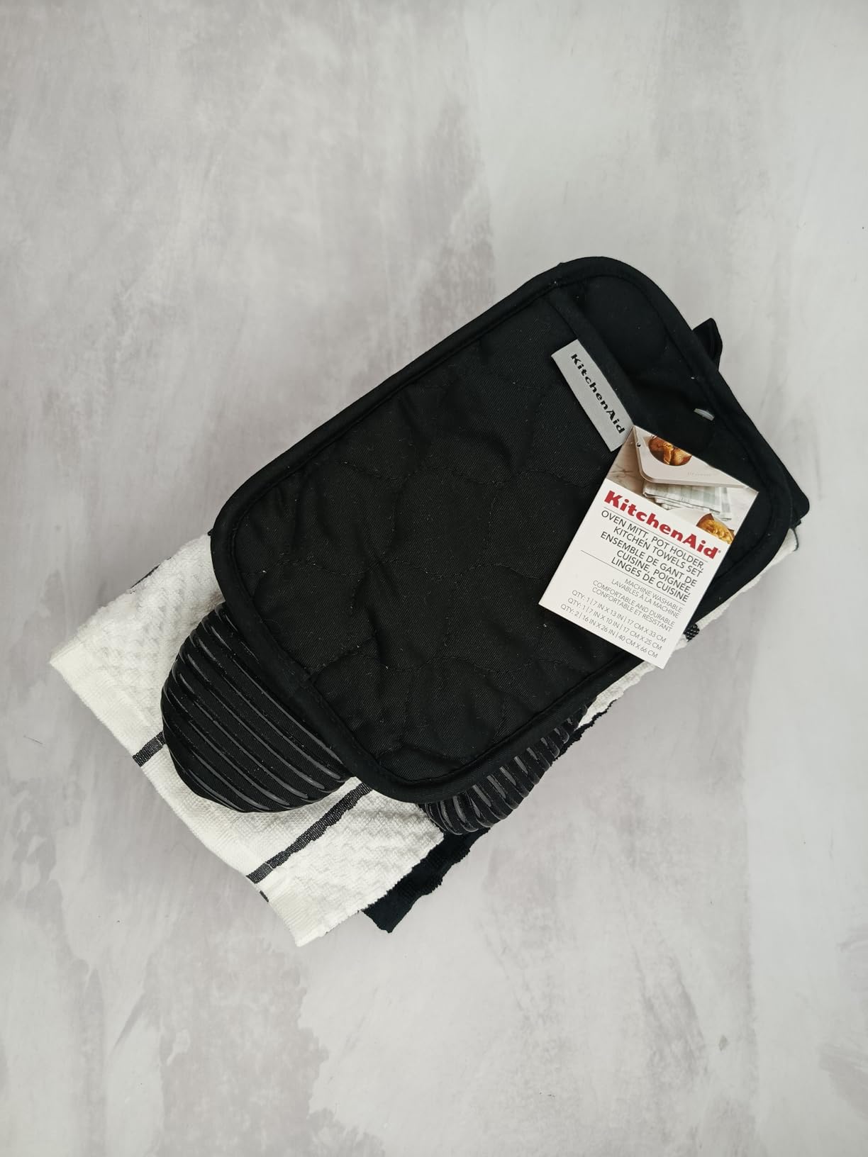 KITCHENAID Quilted Cotton Terry Cloth Oven Mitt, Pot Holder, Kitchen Towel 4-Pack Set, Heat Resistant, Silicone Grip, 16