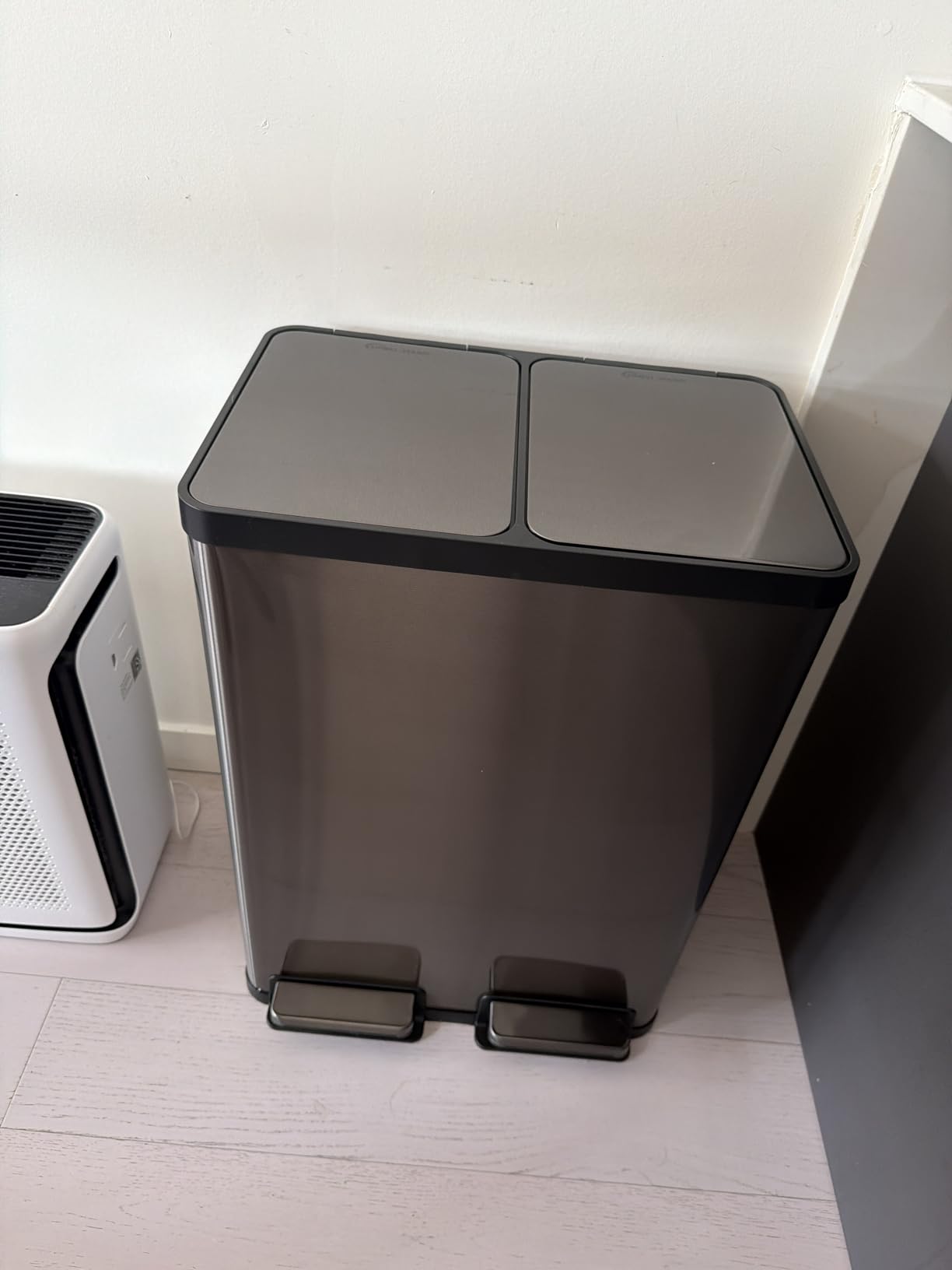 SIMPLI-MAGIC 60 Liter / 16 Gallon Rectangular Hands-Free Dual Compartment Recycling Kitchen Step Trash Can with Soft-Close Lid, Brushed Stainless Steel - Customer Photo 2