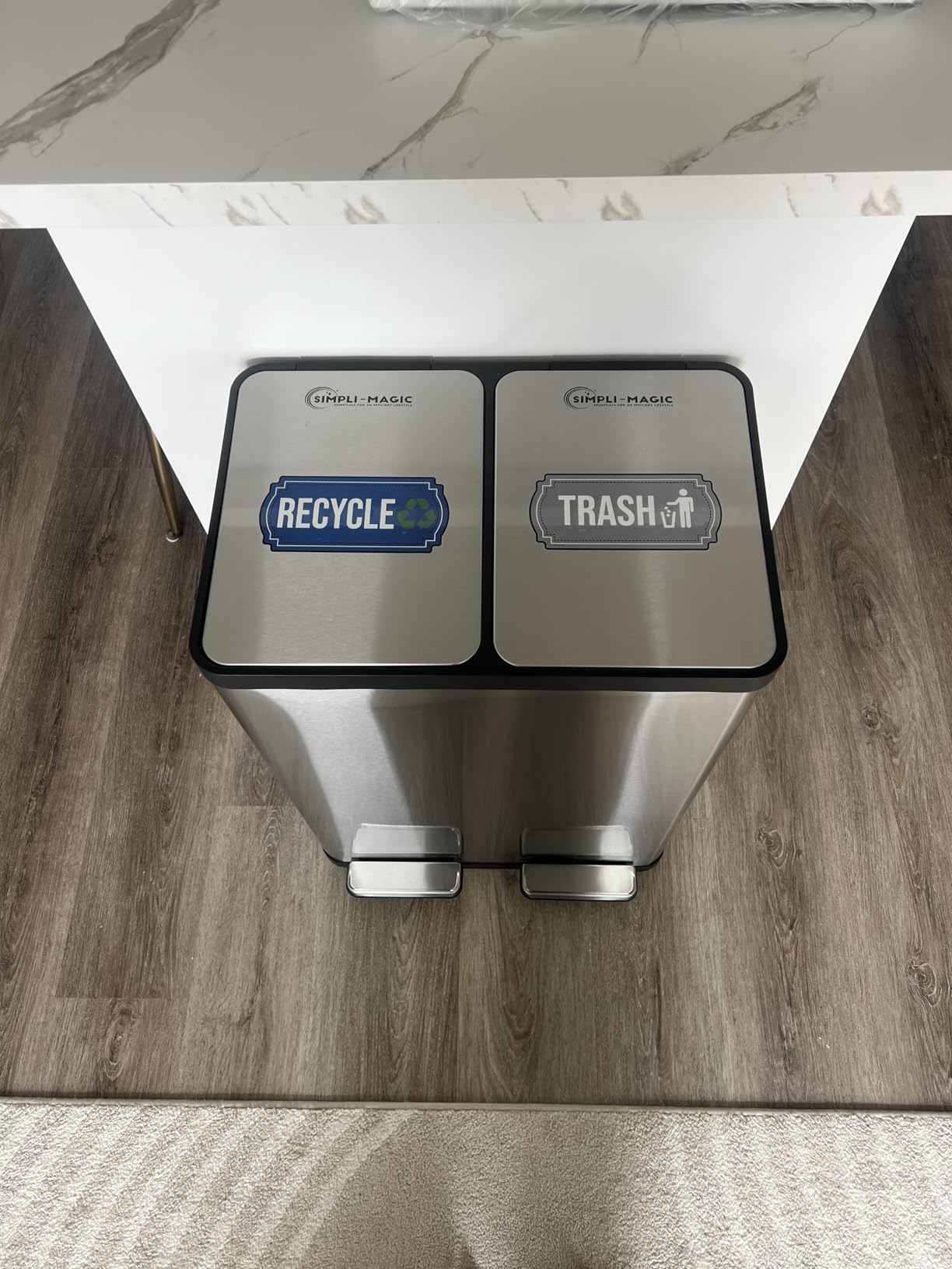 SIMPLI-MAGIC 60 Liter / 16 Gallon Rectangular Hands-Free Dual Compartment Recycling Kitchen Step Trash Can with Soft-Close Lid, Brushed Stainless Steel - Customer Photo 4