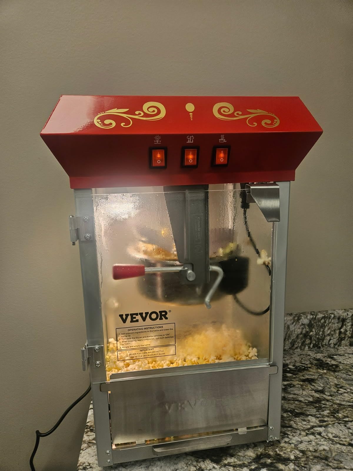 VEVOR Commercial Popcorn Machine, 8 Oz Kettle, 850 W Countertop Popcorn Maker for 48 Cups per Batch, Theater Style Popper with 3-Switch Control Steel Frame Tempered Glass Doors 2 Scoops 2 Spoons, Red customer photo 1
