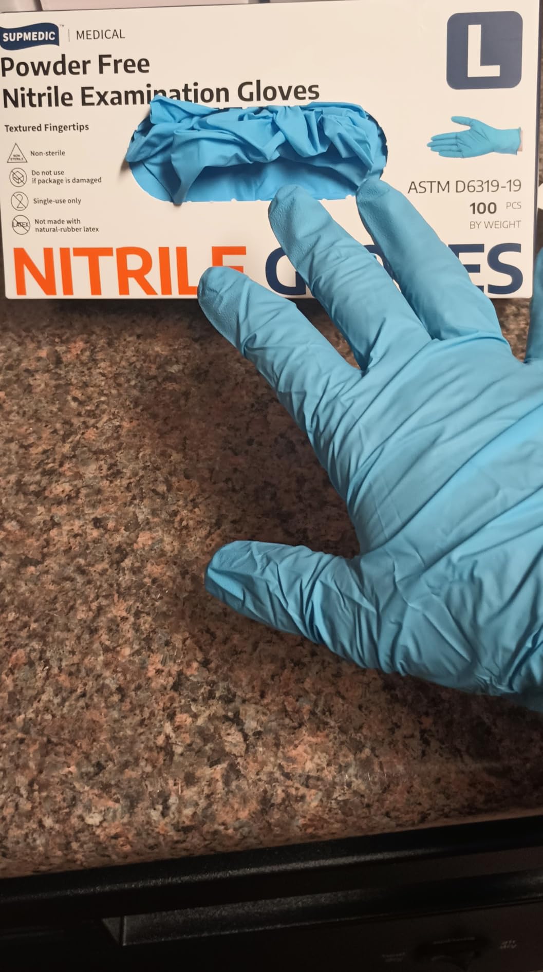 Medical Soft Max Nitrile Exam Gloves, 100 Count Latex-Free Powder-Free Non-Sterile Food Safe Disposable Glove, Blue Customer Review Medical Soft Max Nitrile Exam Gloves, 100 Count Latex-Free Powder-Free Non-Sterile Food Safe Disposable Glove, Blue - Customer Photo 2