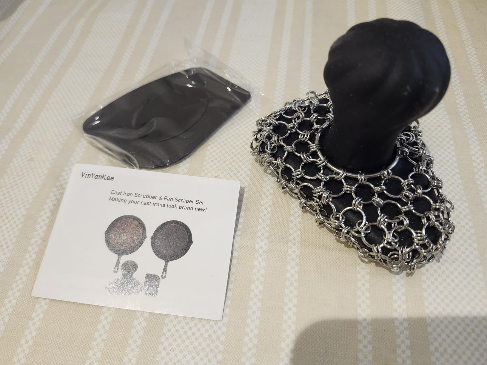 Cast Iron Scrubber with Pan Scraper, 316 Chainmail Scrubber, Upgraded Chain Mail Scrubber Sponge, Cast Iron Cleaner for Grill Pan Skillet Wok Carbon Steel, Dutch Oven Metal Brush Cleaning Kit, Black - Customer Photo 2