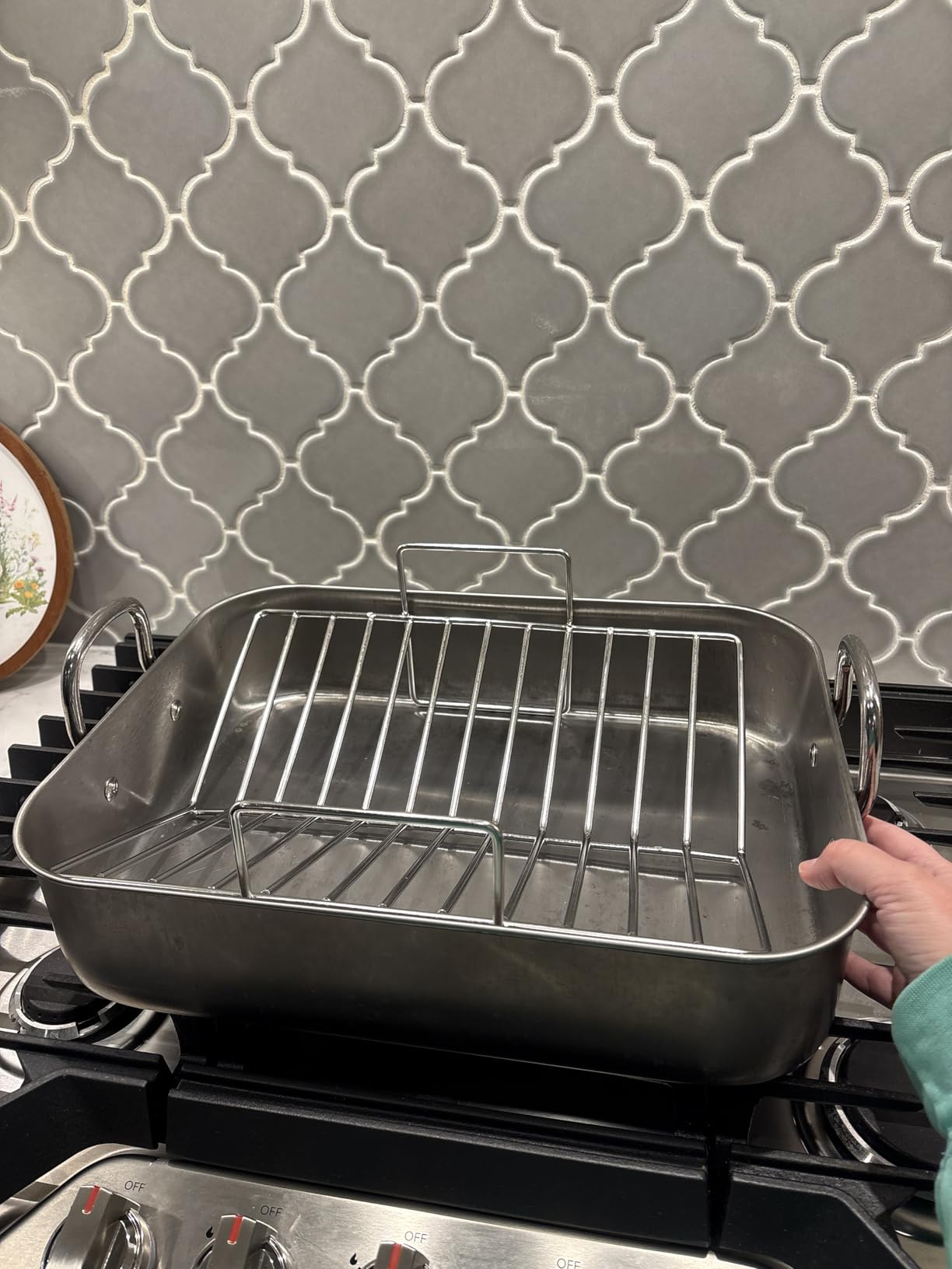 Roasting Pan, EWFEN 17*13 Inch Stainless Steel Turkey Roaster with Rack - Deep Broiling Pan & V-shaped Rack & Flat Rack, Non-toxic & Heavy Duty, Great for Thanksgiving Christmas Roast Chicken Lasagna - Customer Photo 1